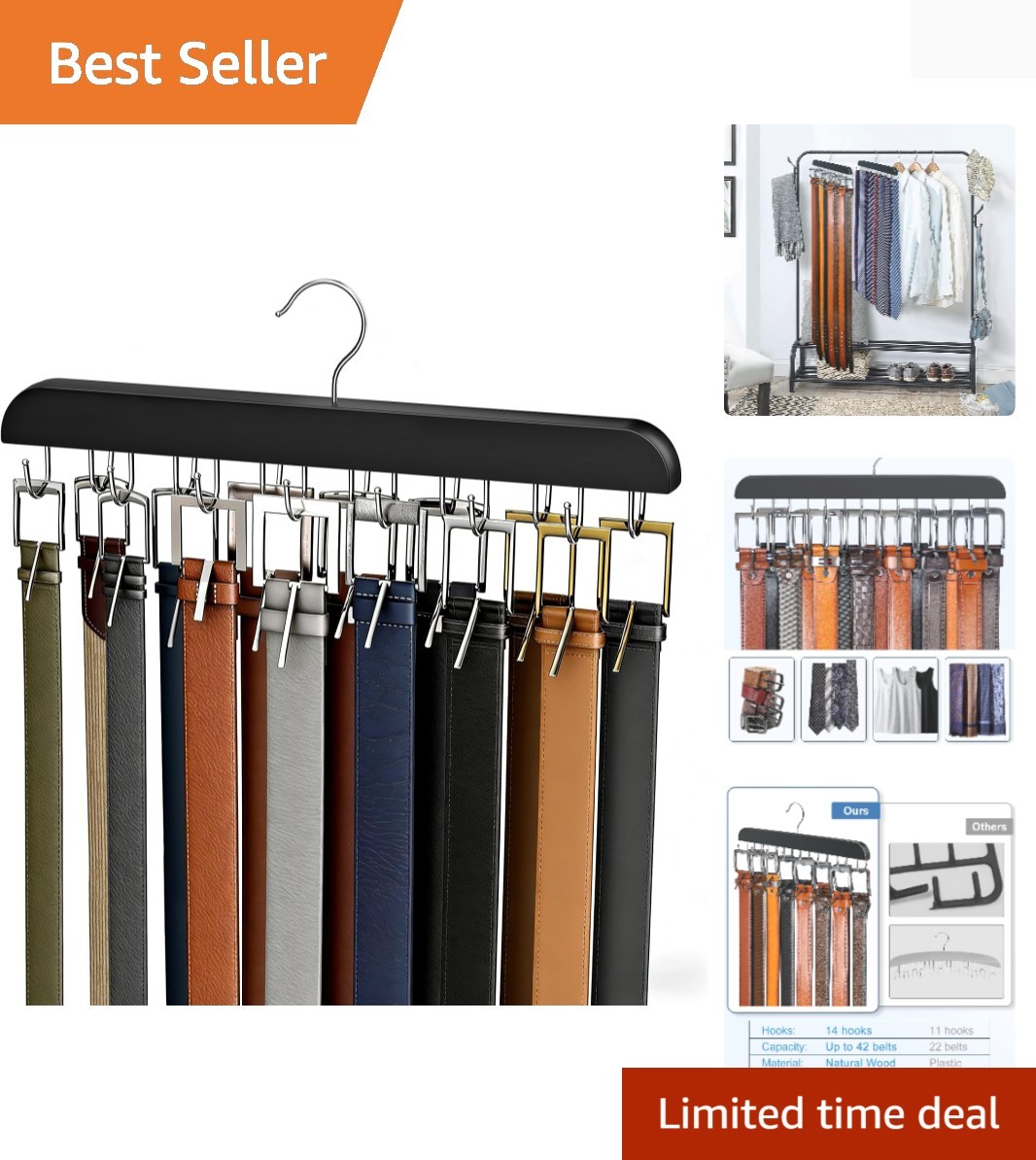 Compact Wood Belt Organizer with 14 Hooks - Elegant Storage for Stylish Closets