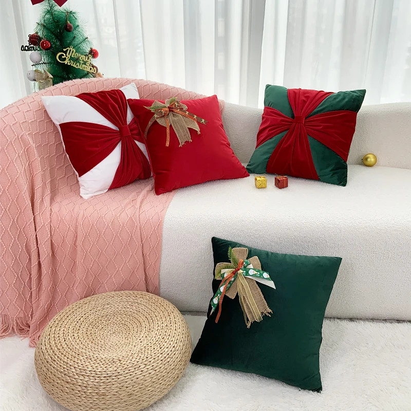 1PC Christmas Dutch Velvet Bow Throw Pillowcase Atmosphere Living Room So