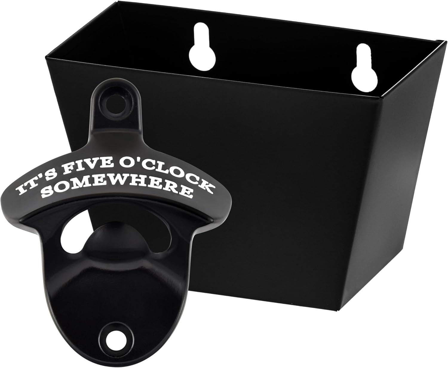 Black Wall Mounted  Opener with Cap Catcher Stainless, IT'S FIVE O'CLOCK SOMEWHE