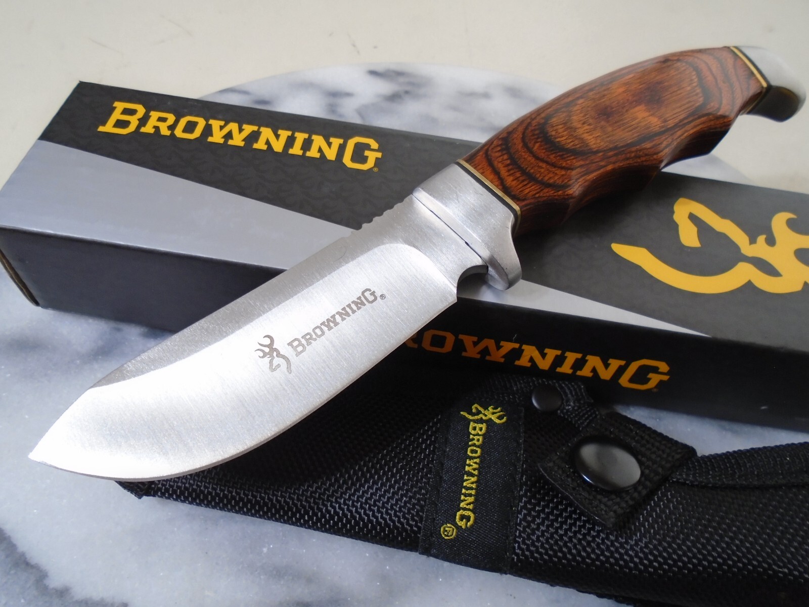 Browning Skinner Bowie Fixed Blade Knife Pakkawood BR0487 w Sheath 8.15" OA New
