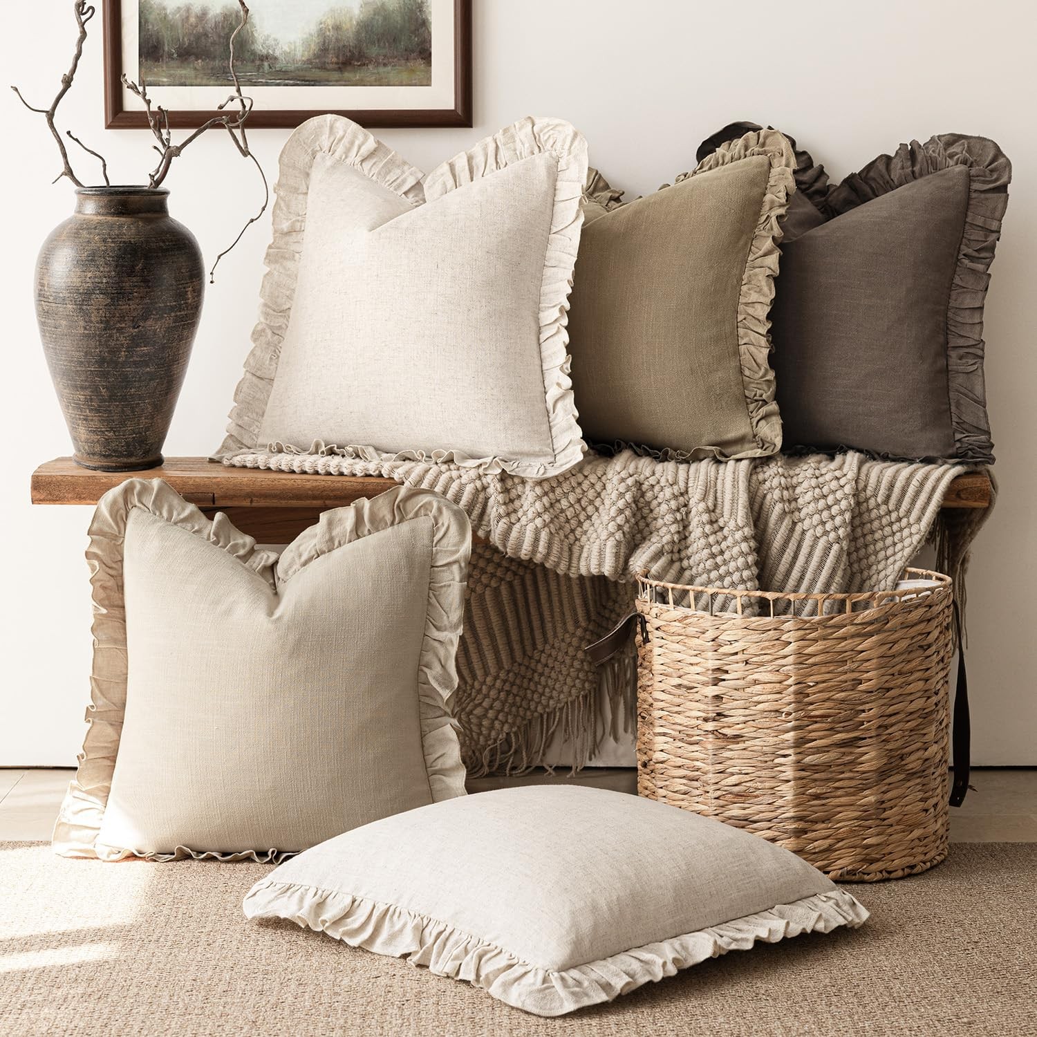 Set of 2 Decorative Soild Fringe Ruffle Throw Pillow Covers Soft Boho Farmhou...