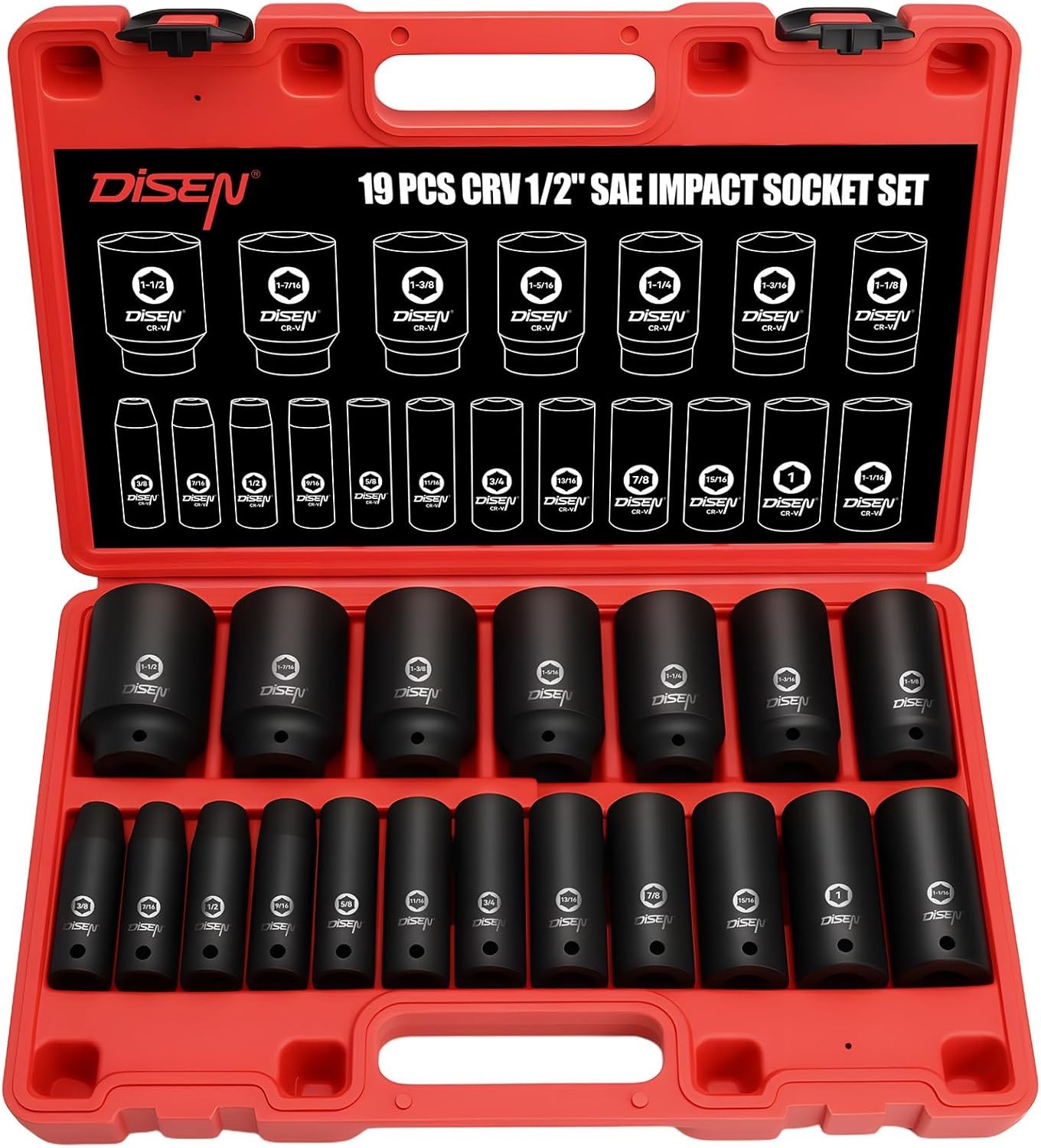 19 Pcs 1/2" SAE Impact Socket Set, Deep Sockets 3/8"- 1-1/2", 6-Point Cr-V