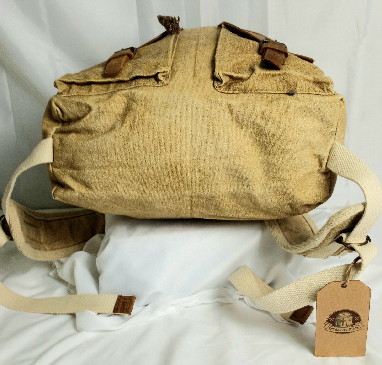 THE BARREL SHACK THE CHRISTOPHER O'SIZE BEIGE CANVAS & BROWNLEATHER BACKPACK NEW