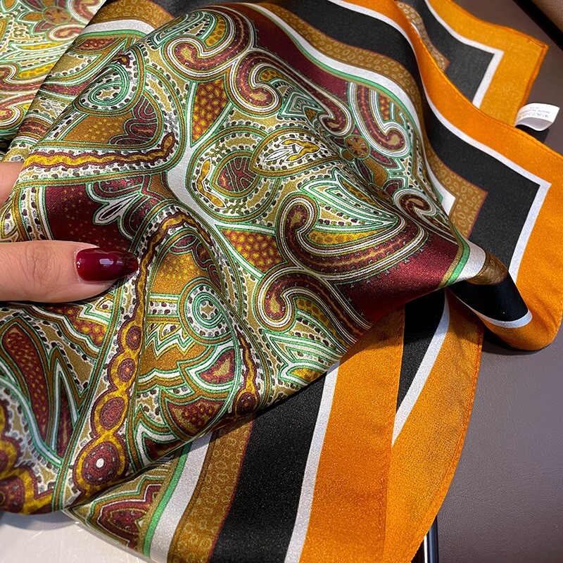 100% Mulberry Silk 27" Square Scarf Women Neckerchief Wrap Green Orange Paisley