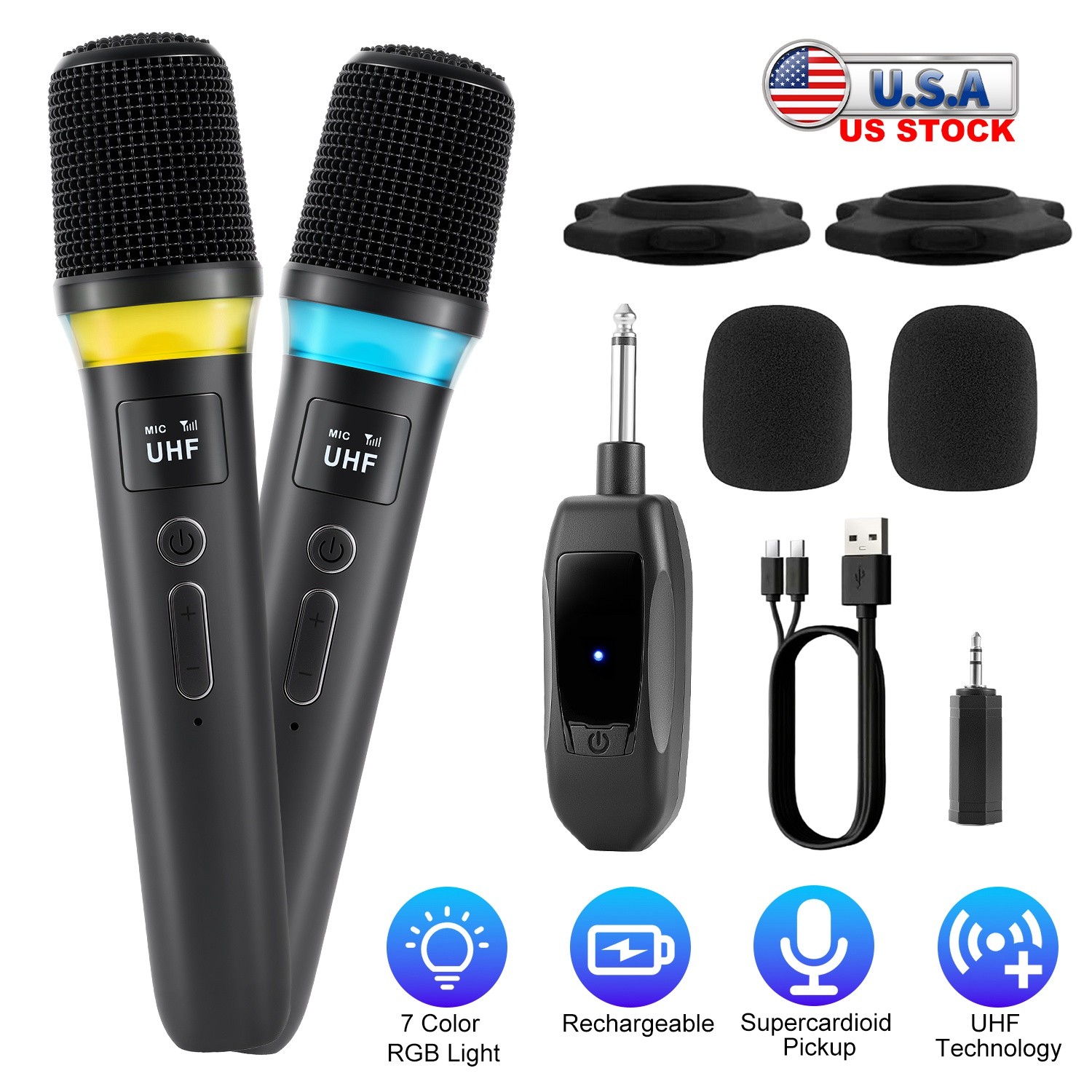 2PCS Wireless UHF Professional Microphone Handheld Mic System Karaoke w/Receiver