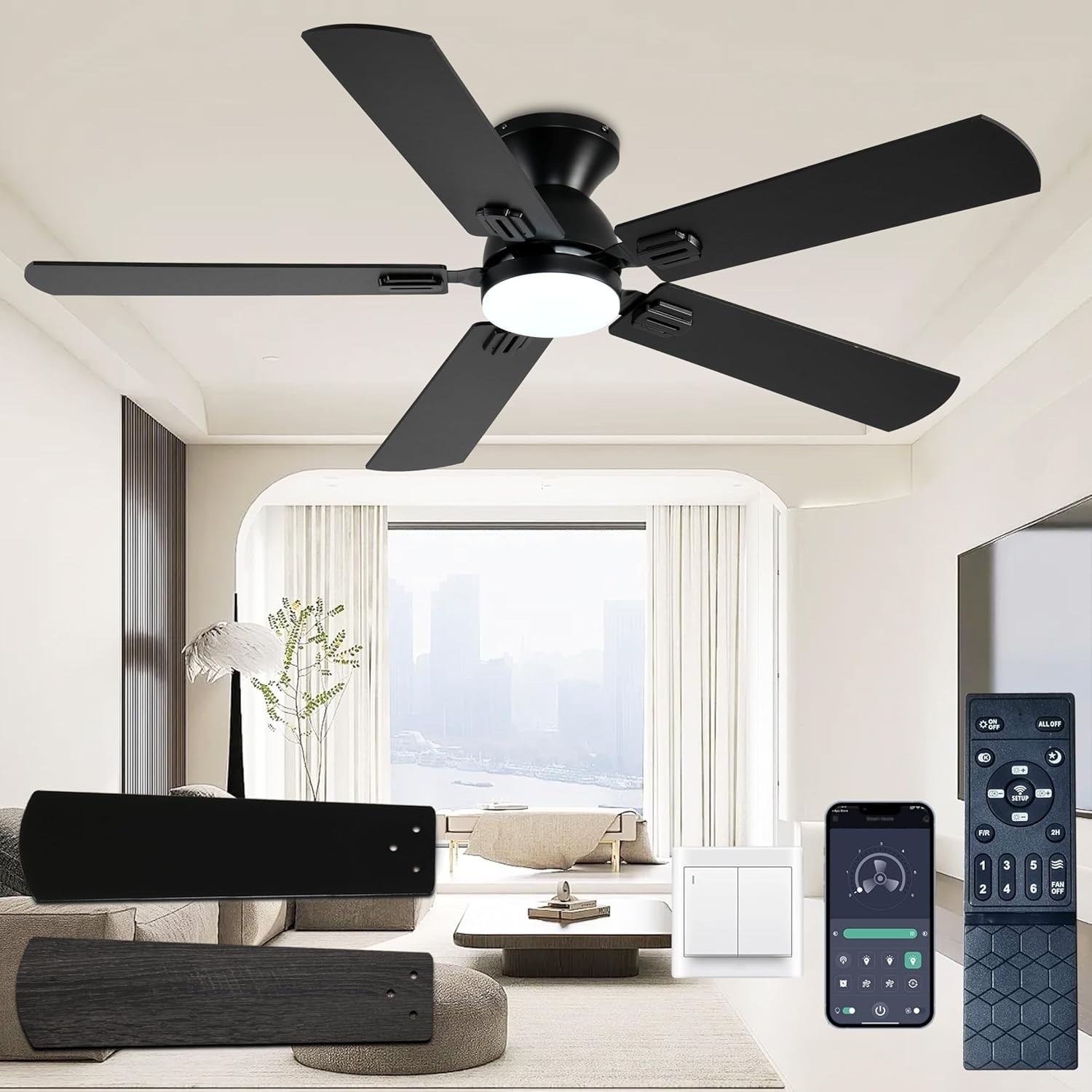 52 Inch Ceiling Fans with Lights, Black Low Profile Ceiling Fan with Remote Cont
