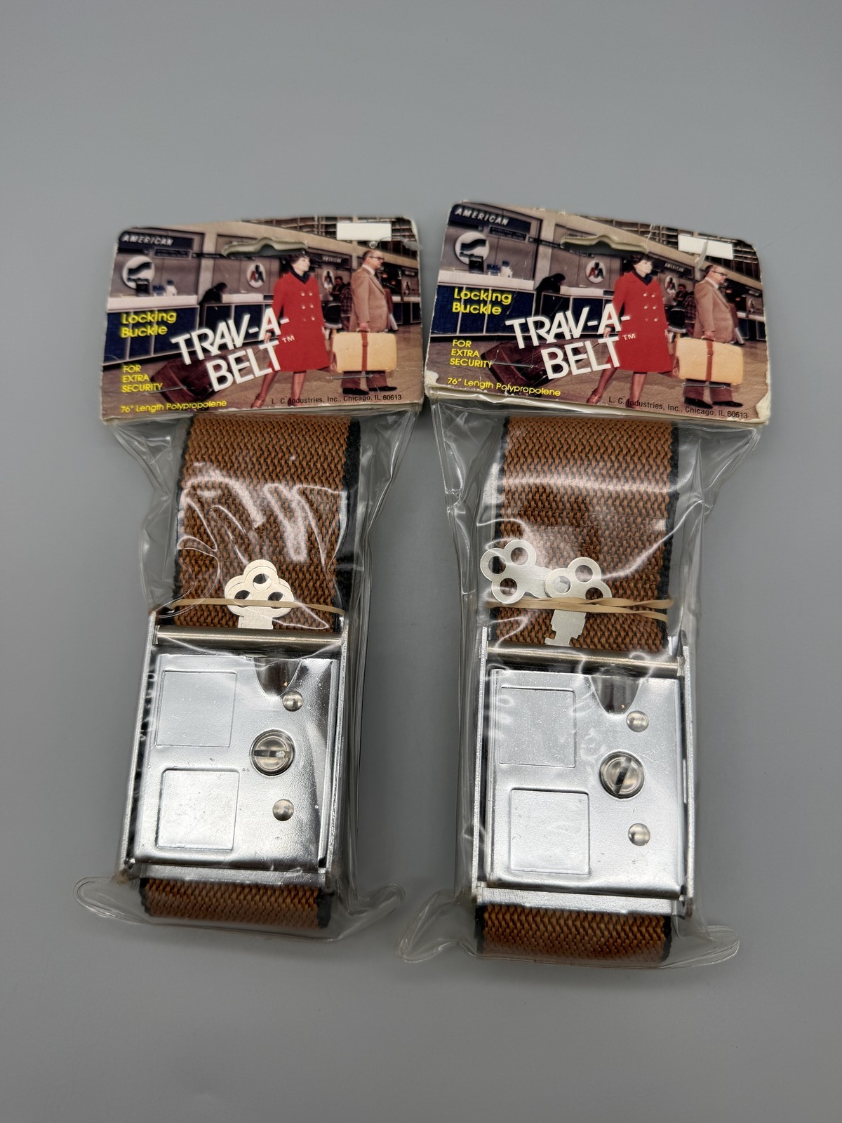 TRAV-A-BELT Locking Luggage Straps 2 New Vintage 76" Brown Polypropylene USA