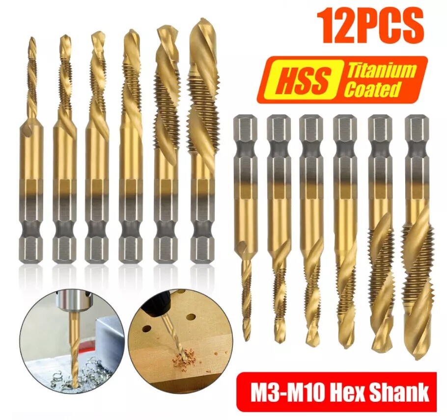 12PCS 1/4" HSS Hex Shank Titanium Plated Screw Thread Drill Bits Set M3-M10 Tap