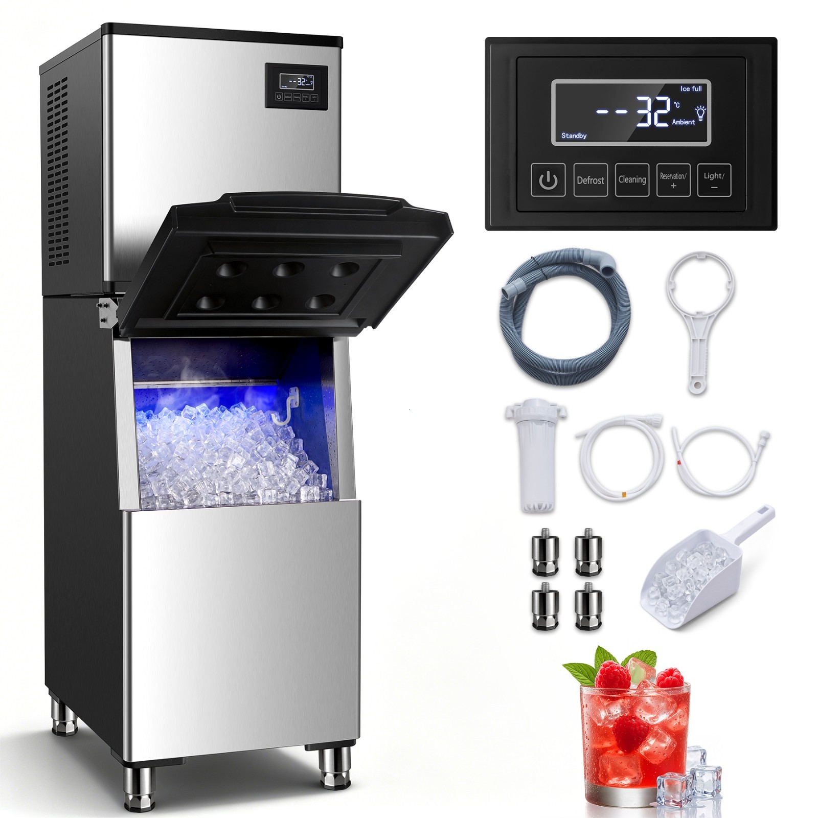 450lbs Commercial Ice Maker 250lbs Bin 156 Ice Cubes Defrost 5 Min Self Cleaning