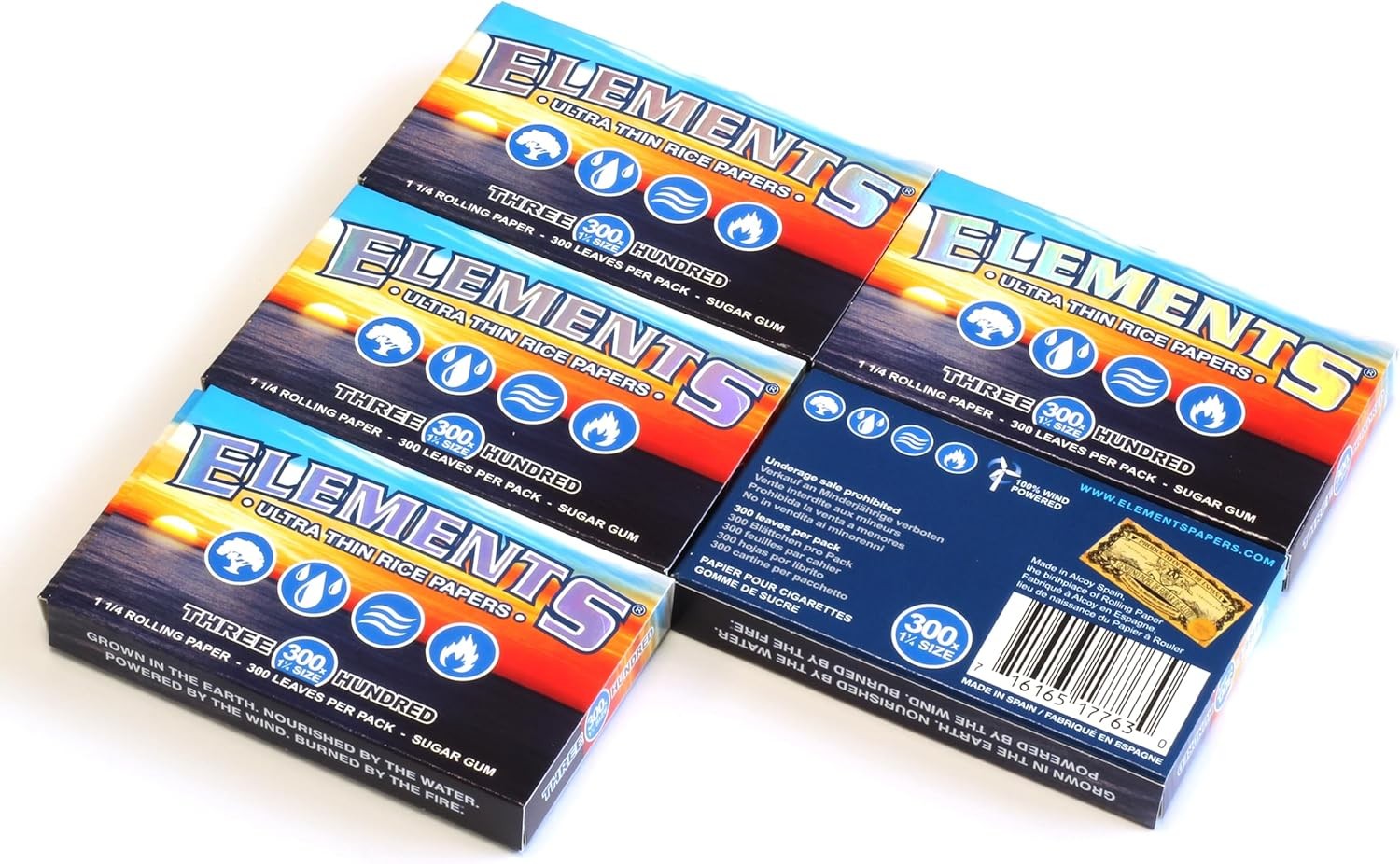 ELEMENTS 300 Ultra Thin Rice Rolling Paper 1.25 1 1/4 Size 5 Pack = 1500 Leaves