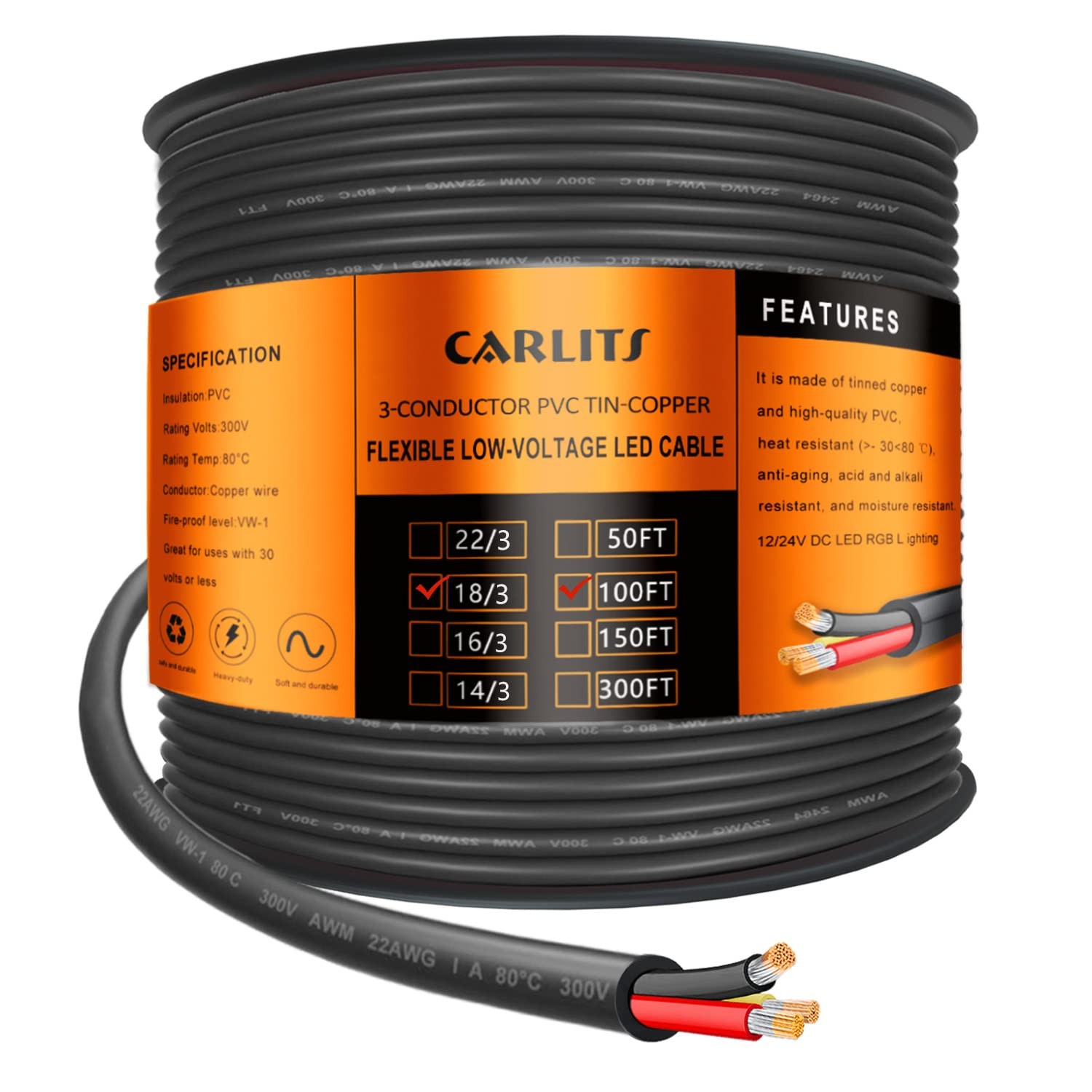 18 Gauge 3 Conductor Electrical Wire, 100FT 18 AWG Stranded 100FT, 18