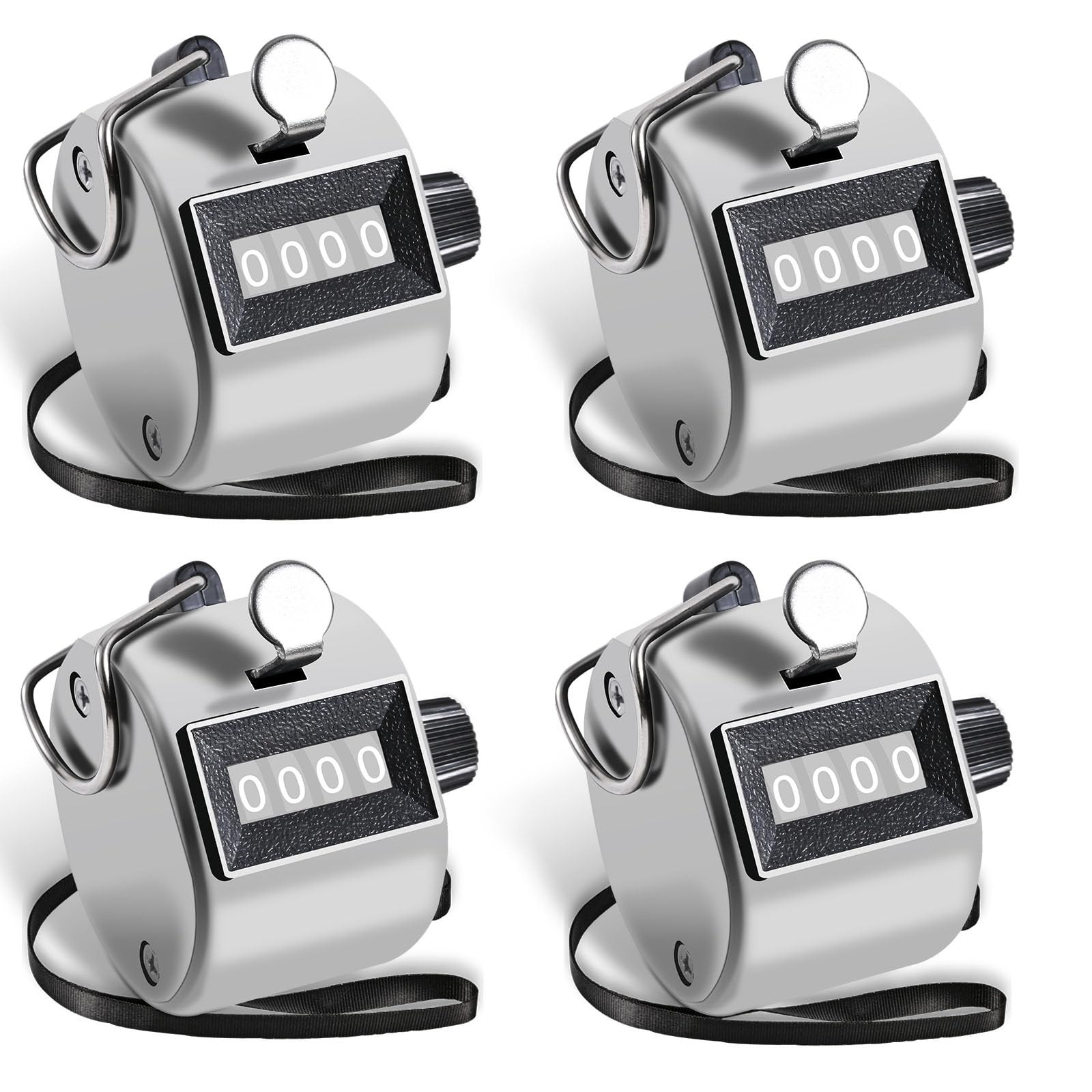 Metal Hand Tally Counter 4-Digit 4 Pack Silver with Lanyards