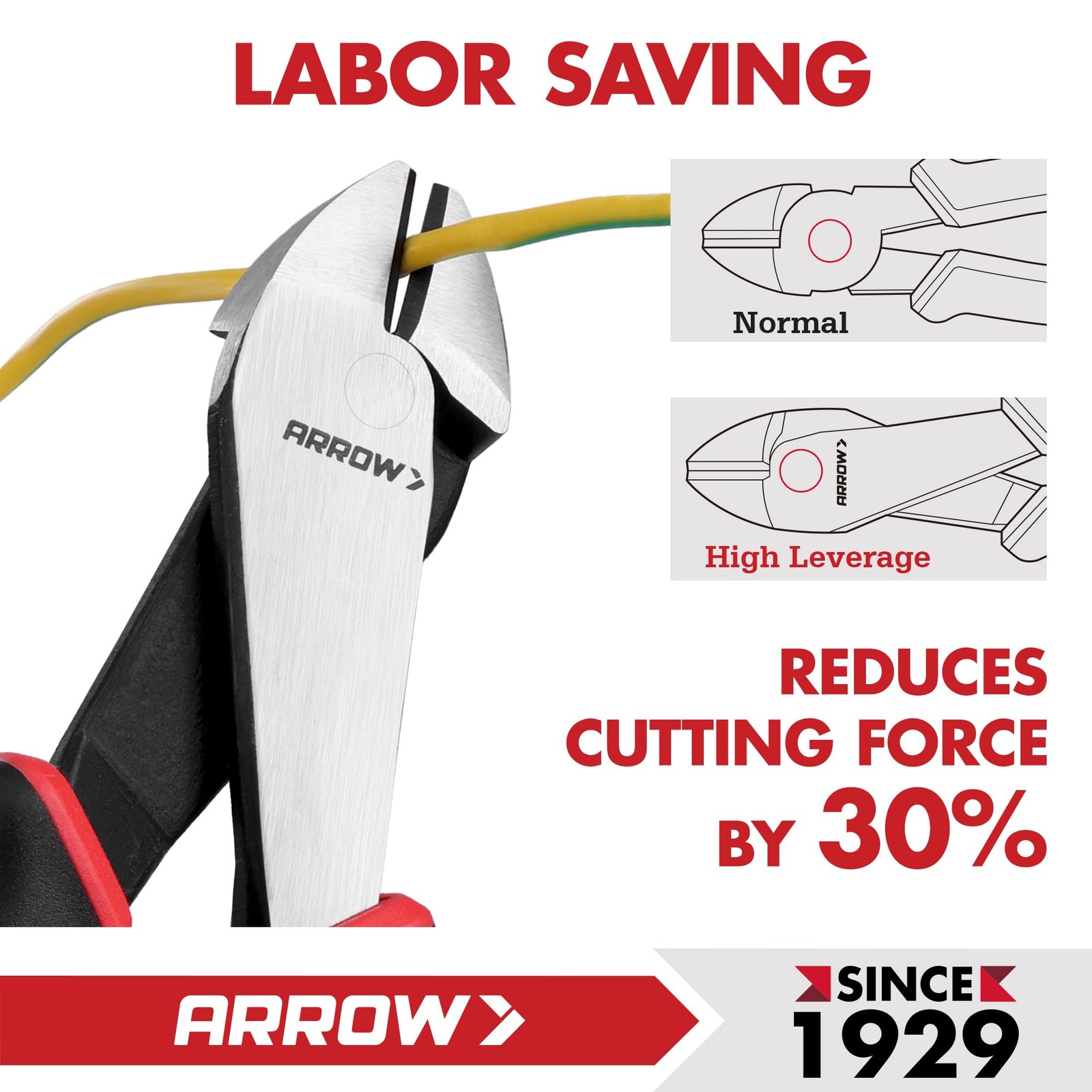 ARROW High Leverage Diagonal Pliers, 8 Inch Wire Cutters with Comfortable TPR...