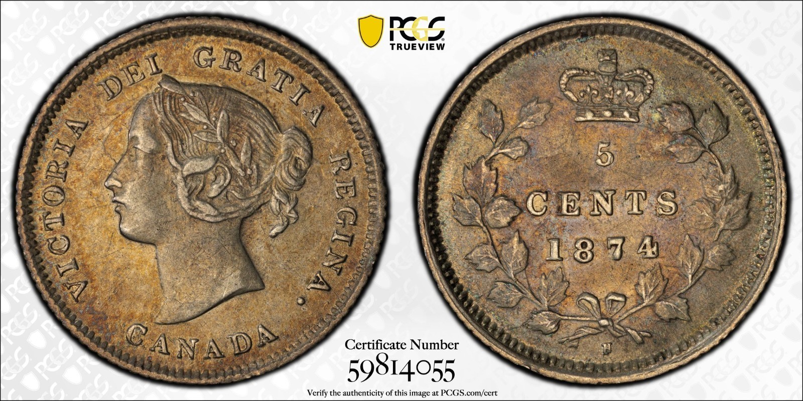 1874-H Canada 5 cents silver PCGS AU53 Crosslet 4