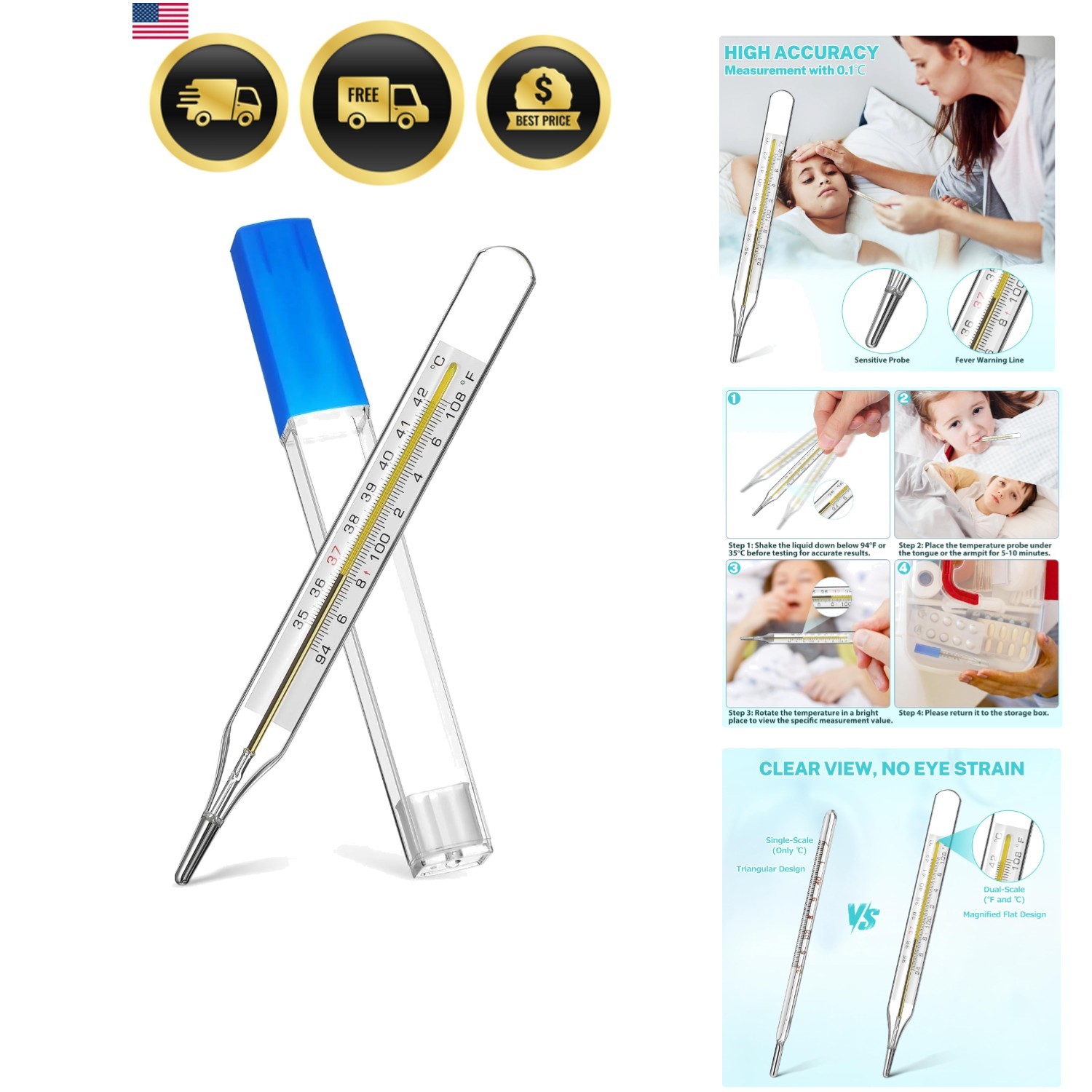 1Pc Glass Oral Temperature Adult Free Clinic Armpit Fast Reading Fever Indica...