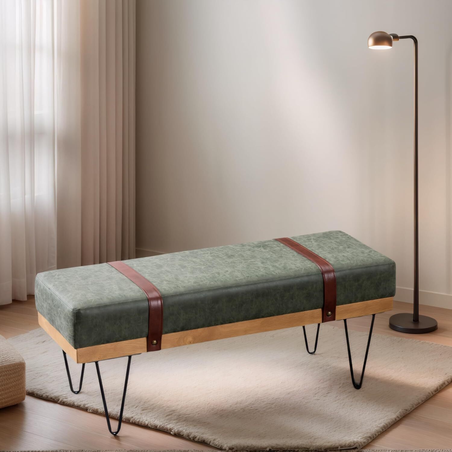 Lukn 44" Upholstered Ottoman Bench - Modern PU Leather Entryway Bench  Green