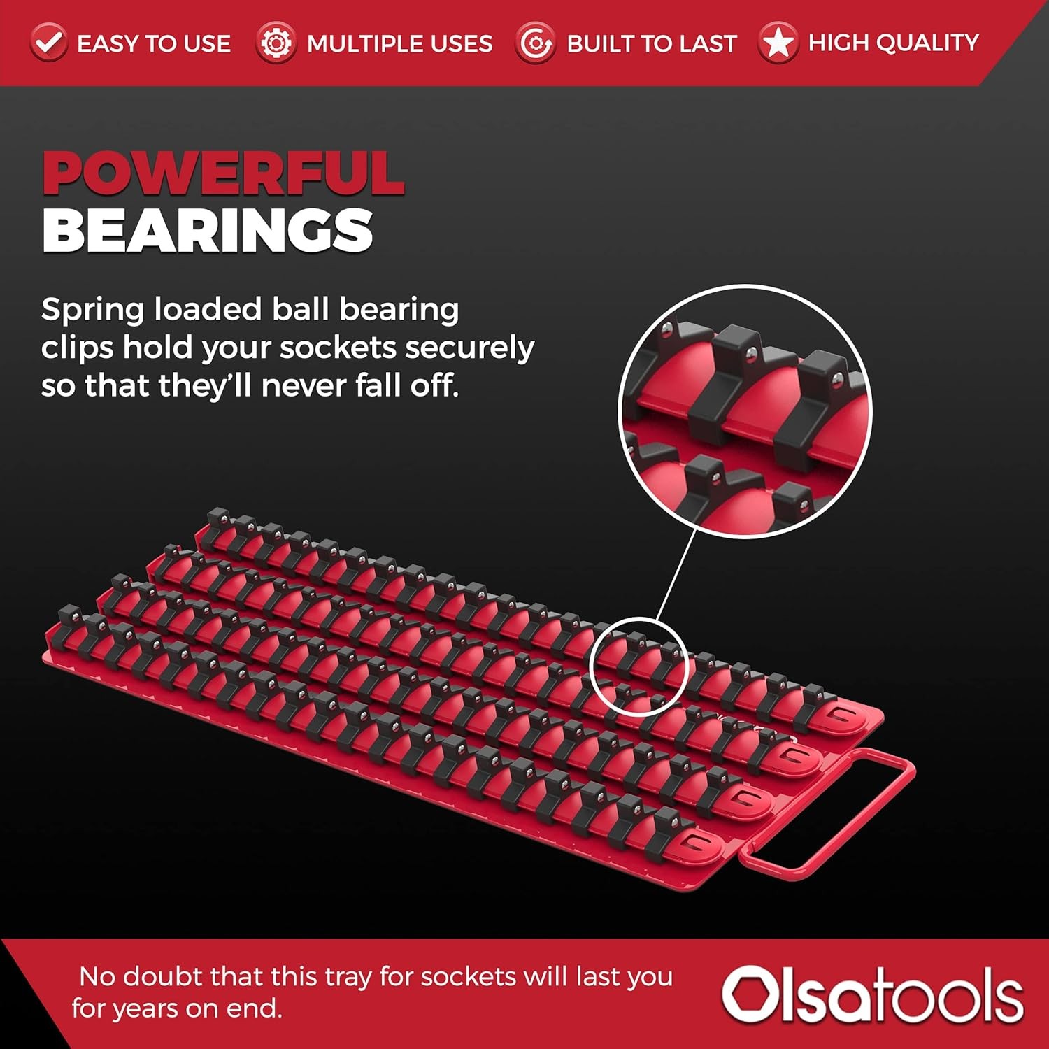 Olsa Tools Socket Organizer Tray - Portable Red Rail with Black Clips