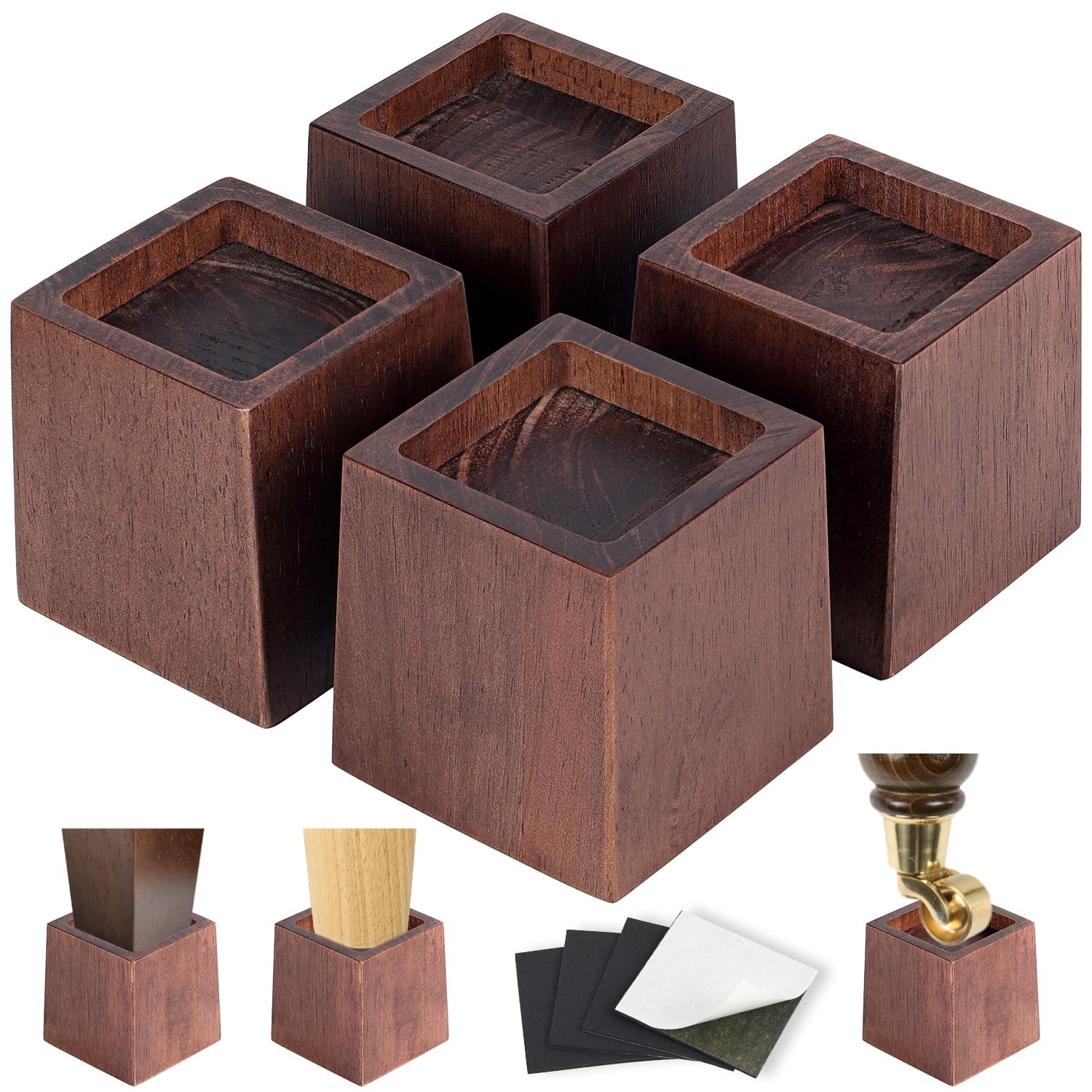 3 Inch Height Heavy Duty Wood Bed Risers – 4 Pack Wood Furniture Risers Exten...