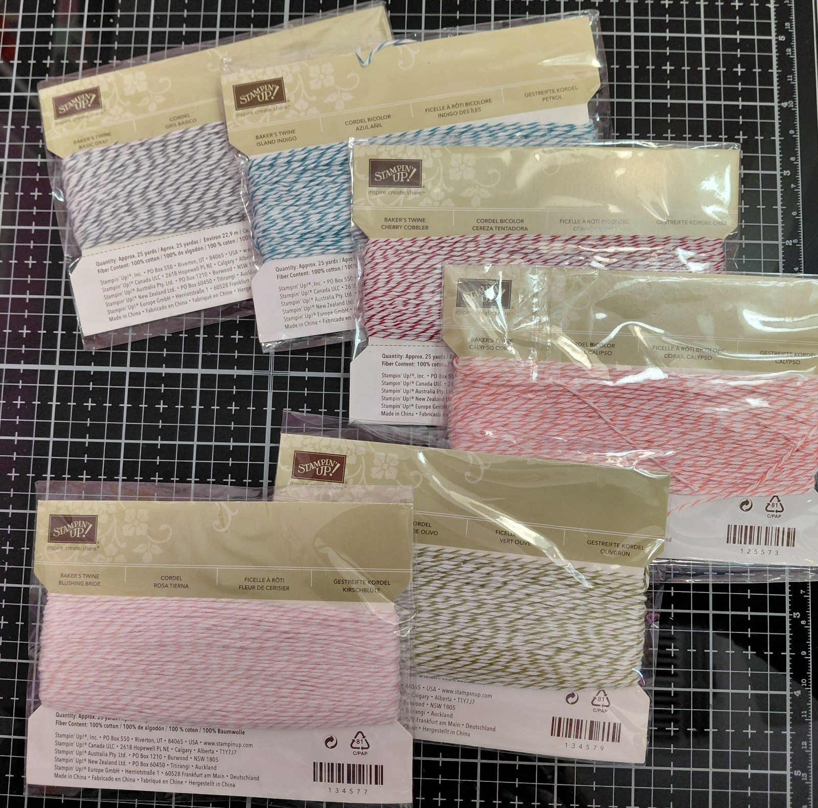 6 Pkgs STAMPINUP  Bakers Twine  25 Yds  Grey Indigo Cherry Olive Coral & Pink