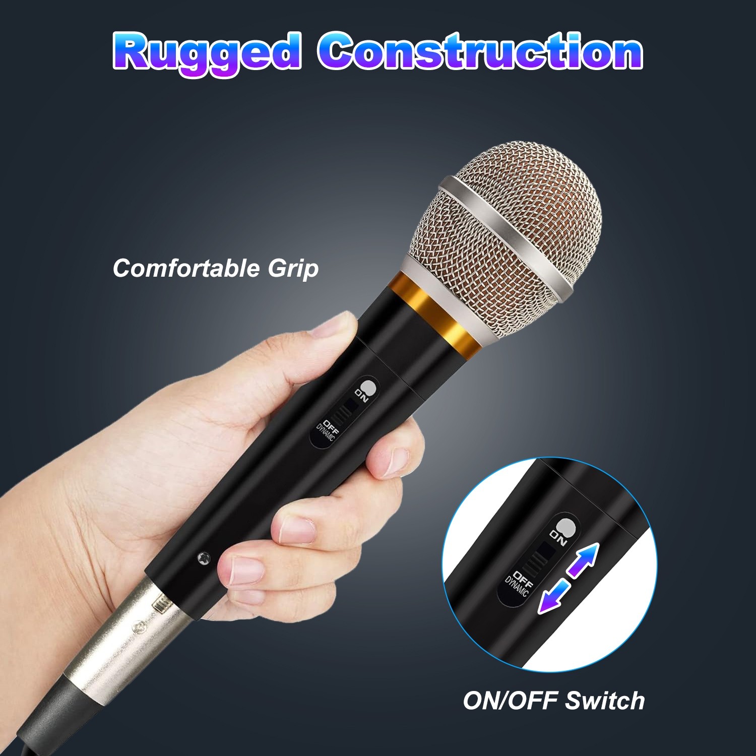 Handheld Dynamic Microphone With On/Off Switch 13ft Detachable XLR Cable