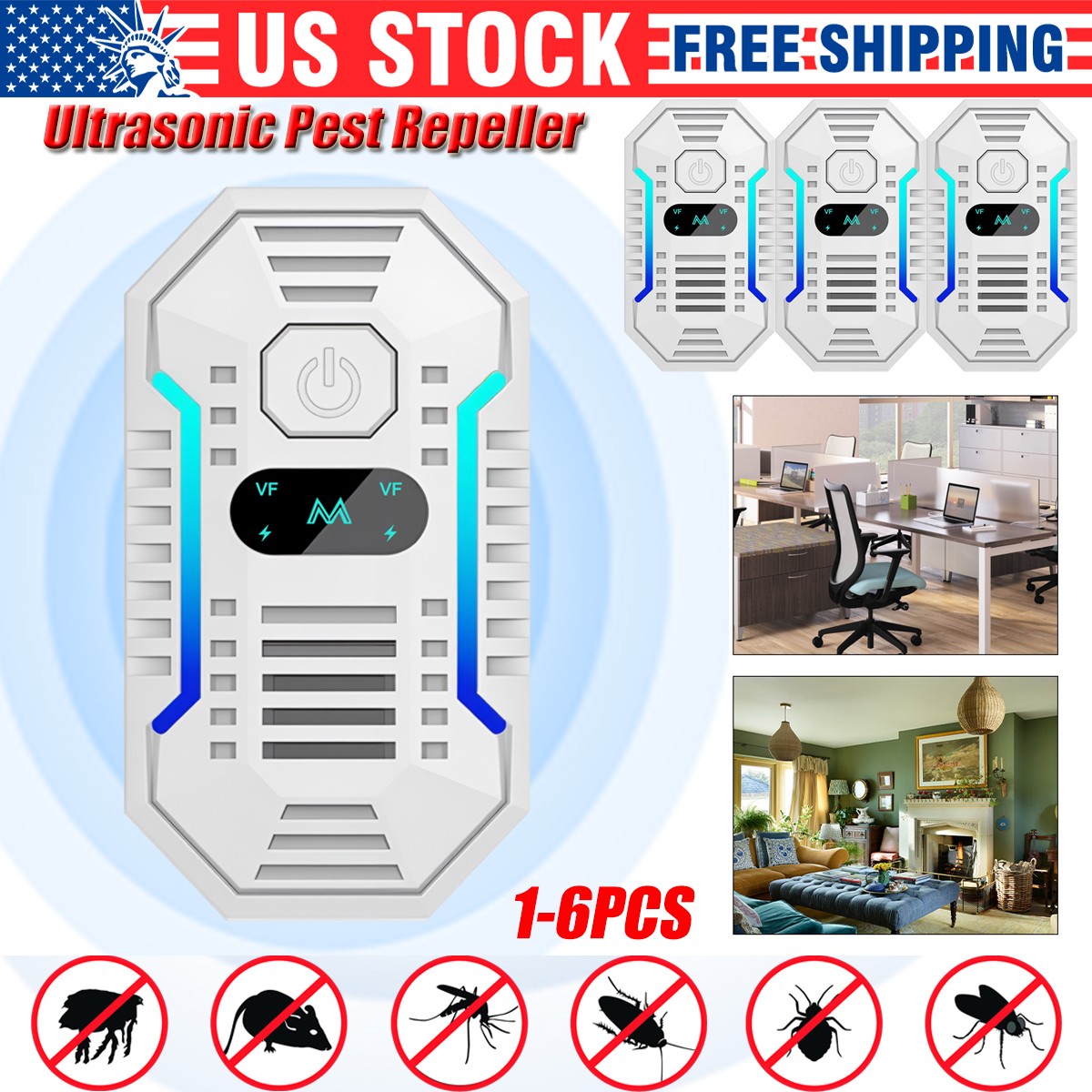 6X Ultrasonic Pest Control Repeller UK Plug-in Reject Rat Mouse Mice Spider US