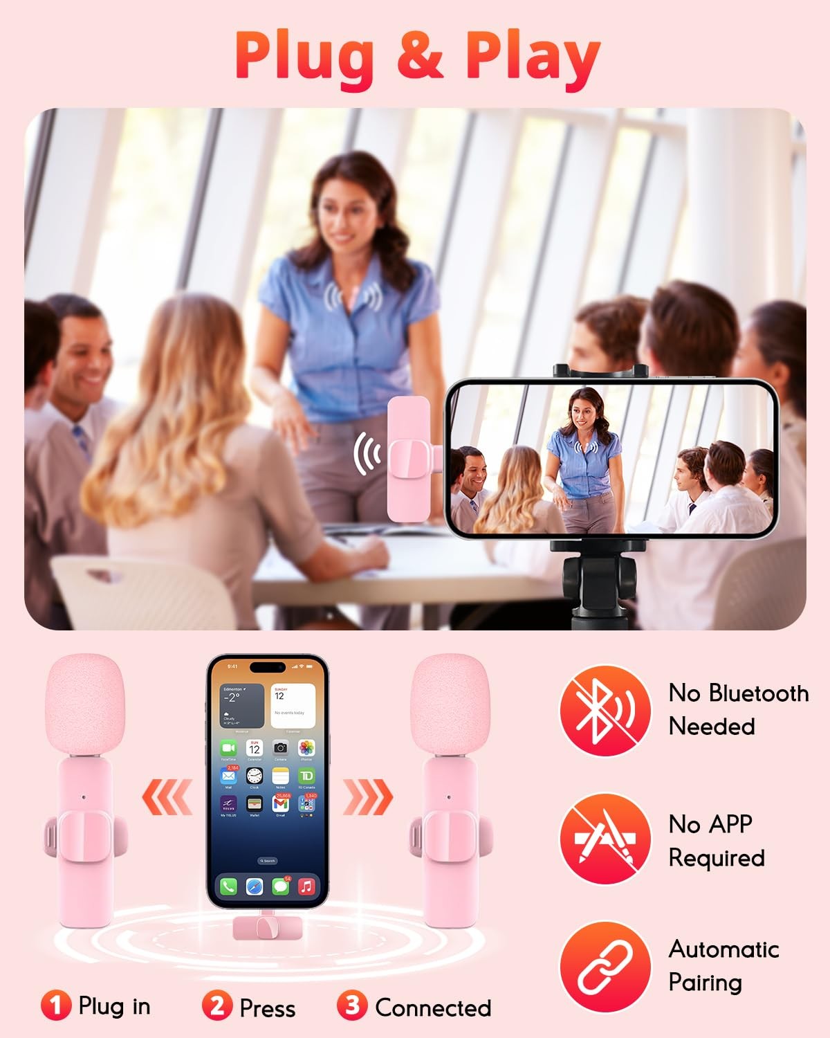 KoXeetech Pink Mini Wireless Microphone for iPhone & Android, mini, pink