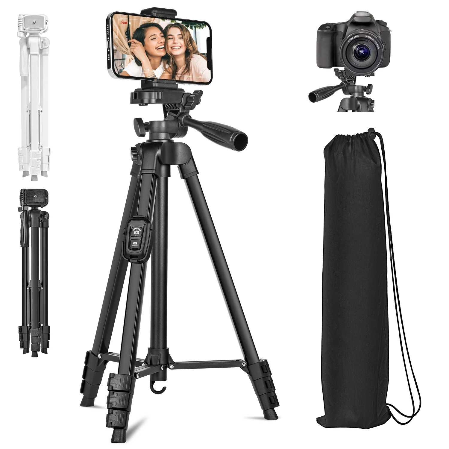 60 Inch/152cm Camera Tripod with Travel Bag, Mobile Phone Tripod with Remote Con