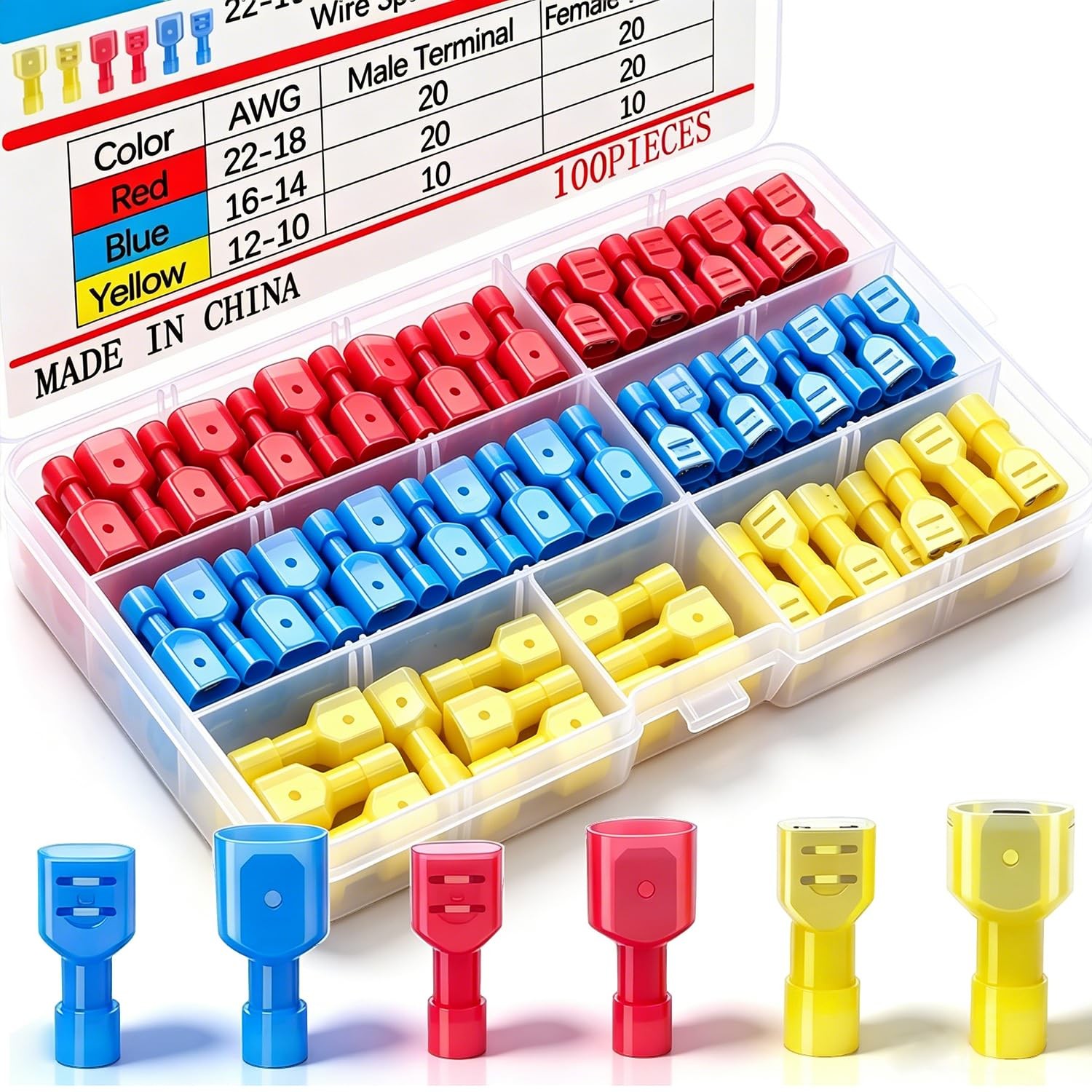 100PCS Fully Insulated Nylon Spade Connectors 22-10 Gauge Male Female Wire Termi
