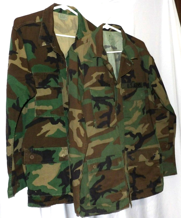 Vintage 1990 ARMY Shirt Jacket Woodland Green Field Camouflage Size M Long Lot 2