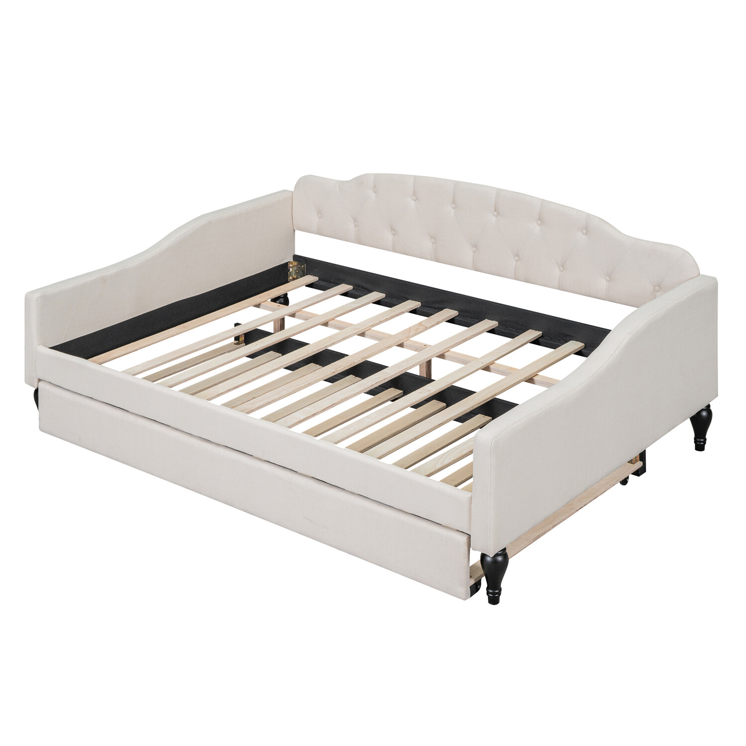 Full Size Daybed with Pull Out Trundle Bed Upholstered Bed Frame Sofa Bed Beige
