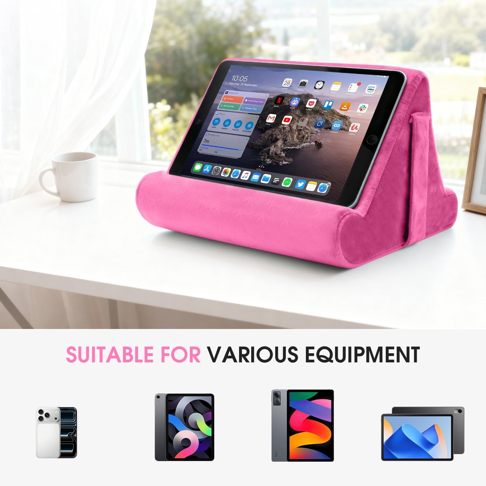 Universal Multi-Angle Tablet Holder - Soft Pad Stand with Net Pocket & Phone ...