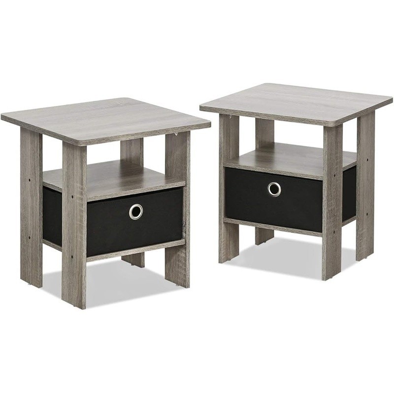 Modern Side Table Set of 2 End Tables W/ Open Shelves Storage Bin Organization