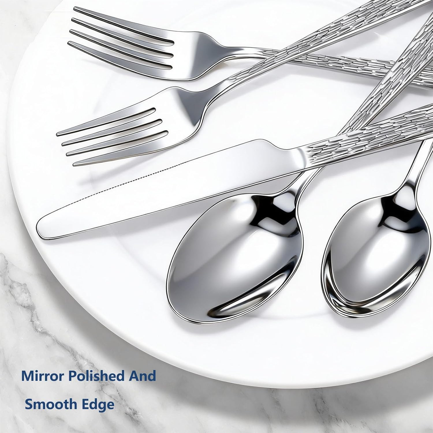 60-Piece Hammered Silverware Set for 12 Stainless Steel Flatware Tree Pattern ..