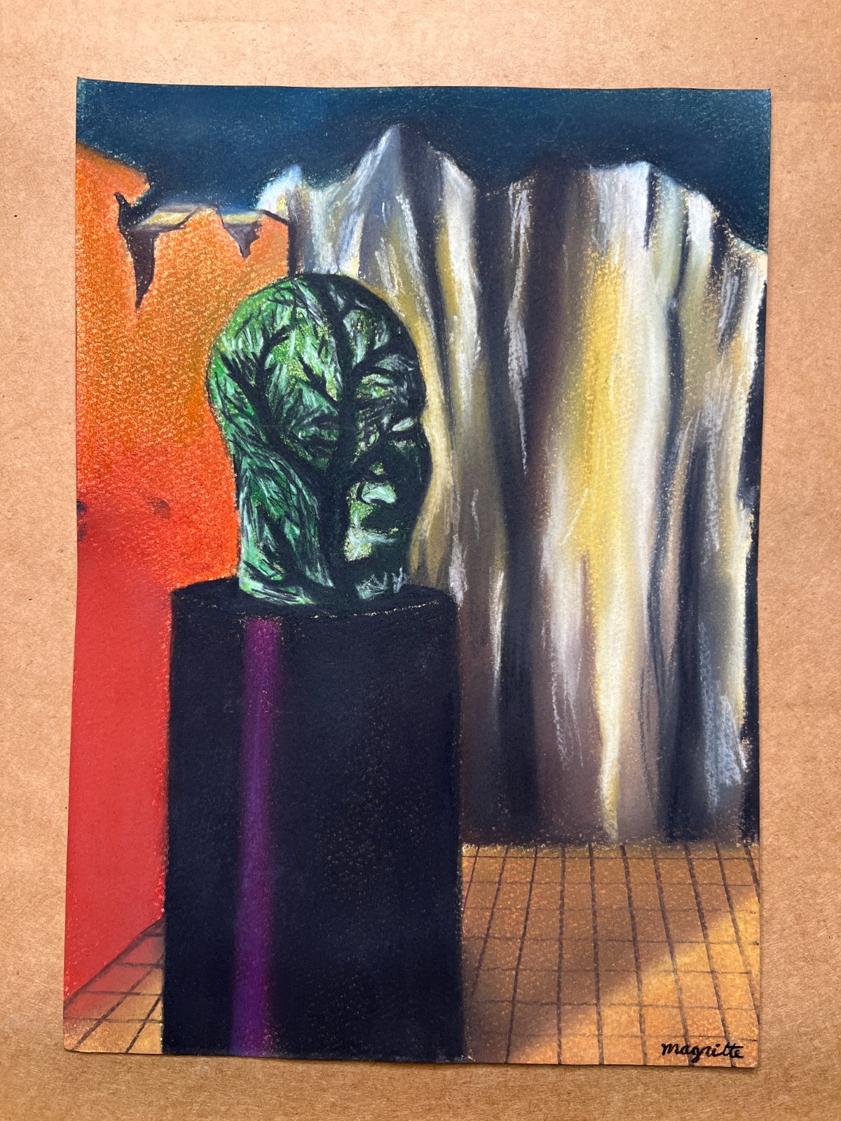 Rene Magritte (Handmade) Drawing On old Paper Signed & Stamped Mixed Media