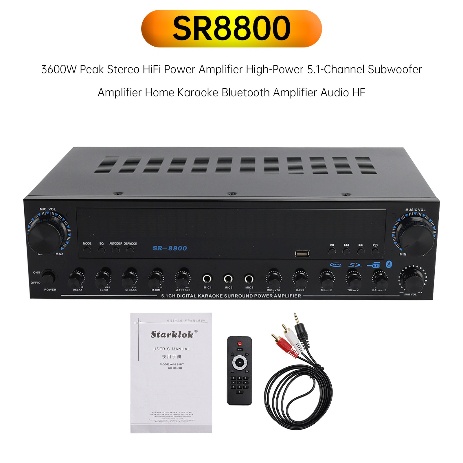 3600W Peak Stereo HiFi Power Bluetooth Amplifier High-Power 5.1 Subwoofer Home A