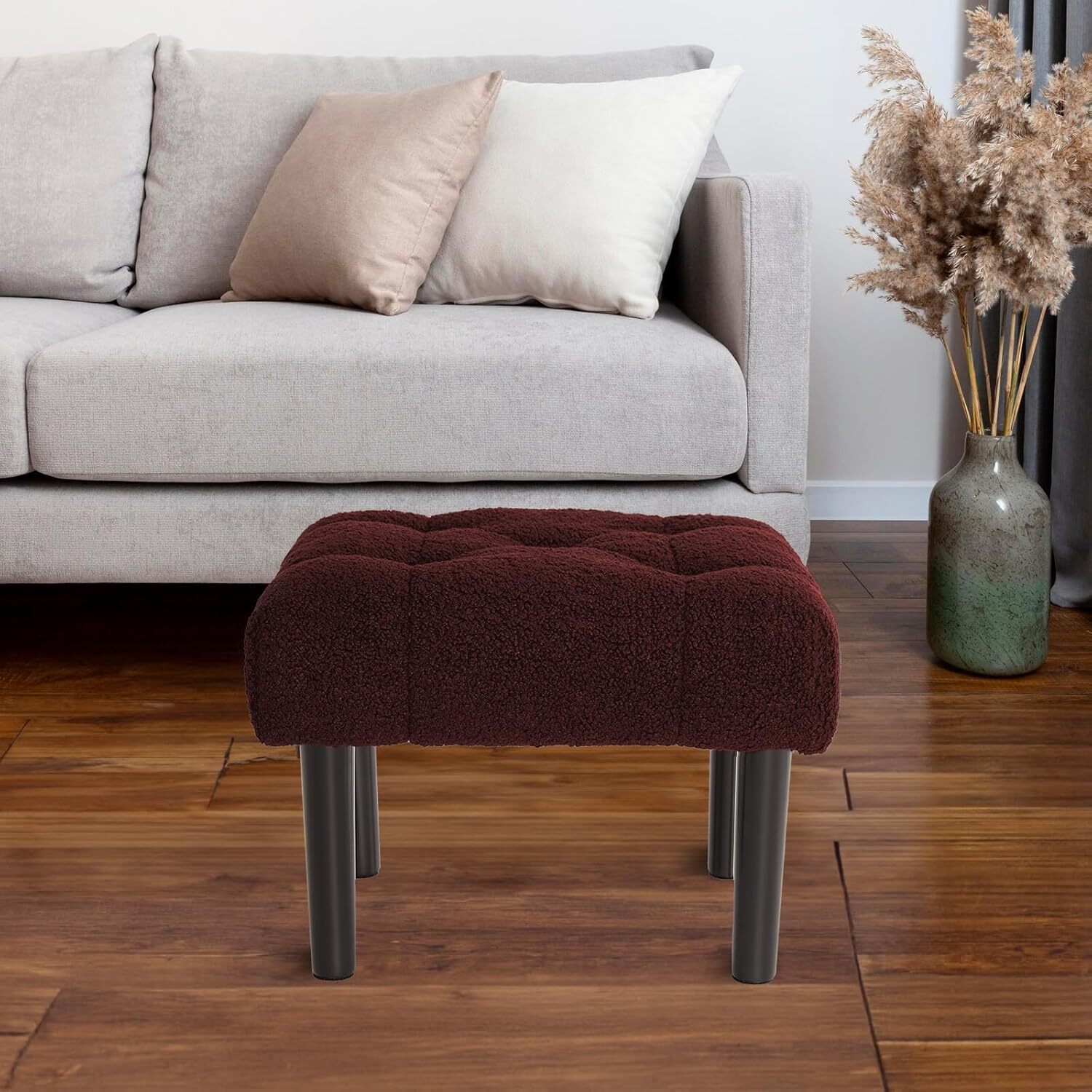 HOUCHICS Fur Padded Foot Stool, Small Ottoman Rest with Small, Wine Red