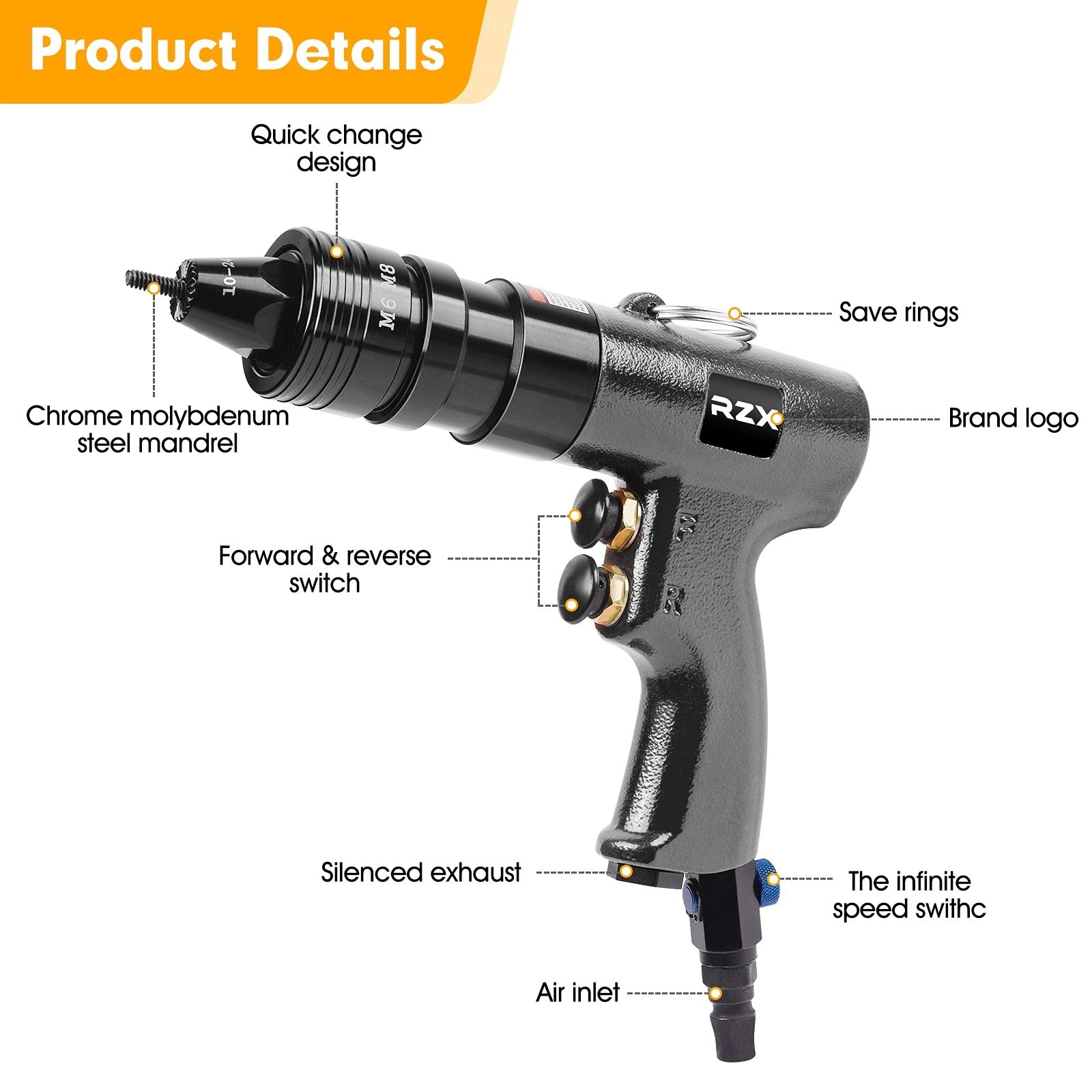 Pneumatic Rivet Tool Pneumatic Rivet Nut Setting Tool with Quick-Change M3 M4...