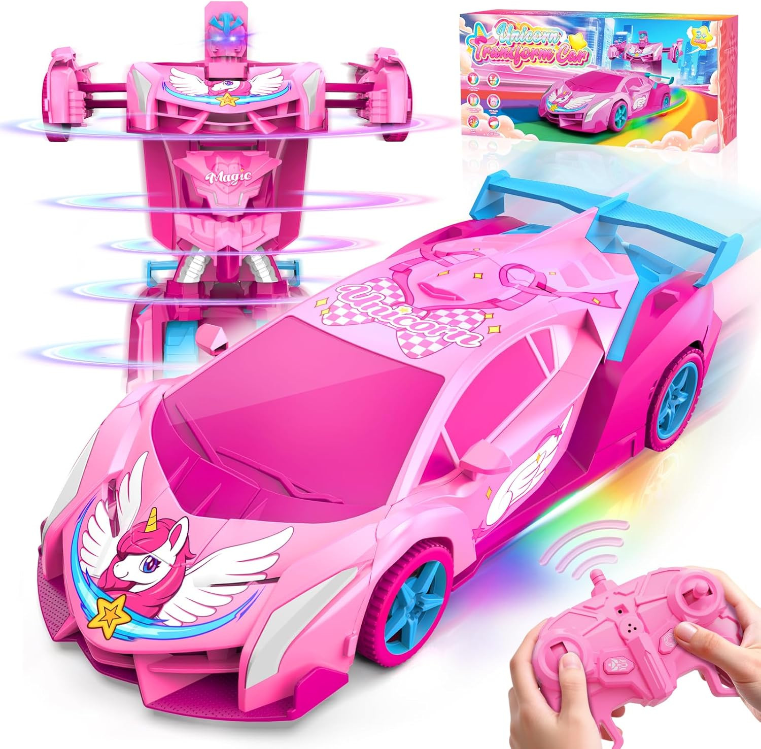 Unicorn Transform RC Cars for Girls Toys with Rainbow Eyes & Underbody Lights, F