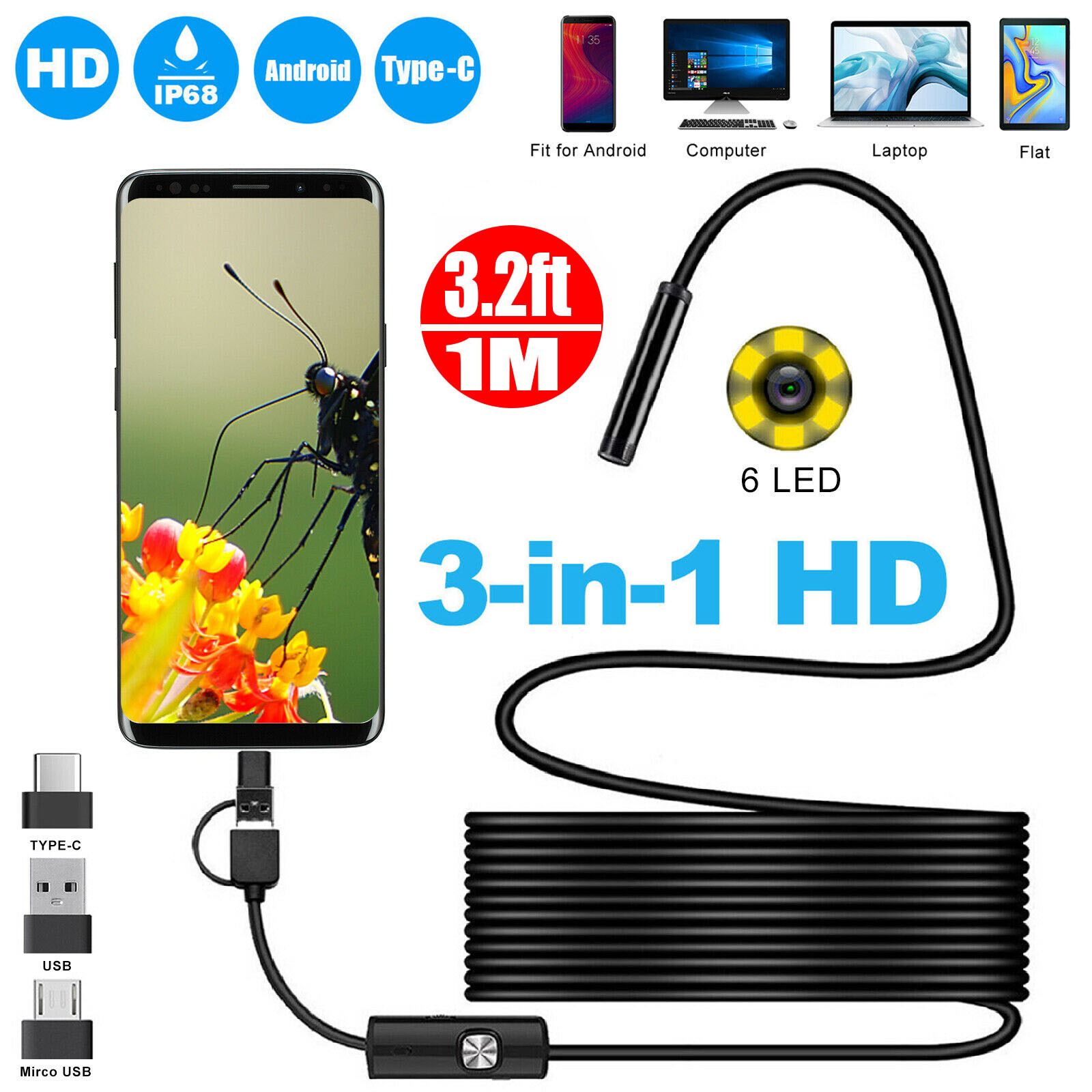 6.5FT Industrial Endoscope 7mm Borescope 6LED Inspection USB Snake Camera Scope