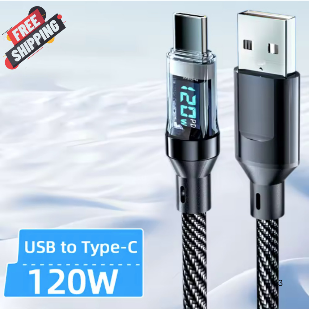 120w Super Fast USB Type-C Charging Braid Phone Charger Lead with Display