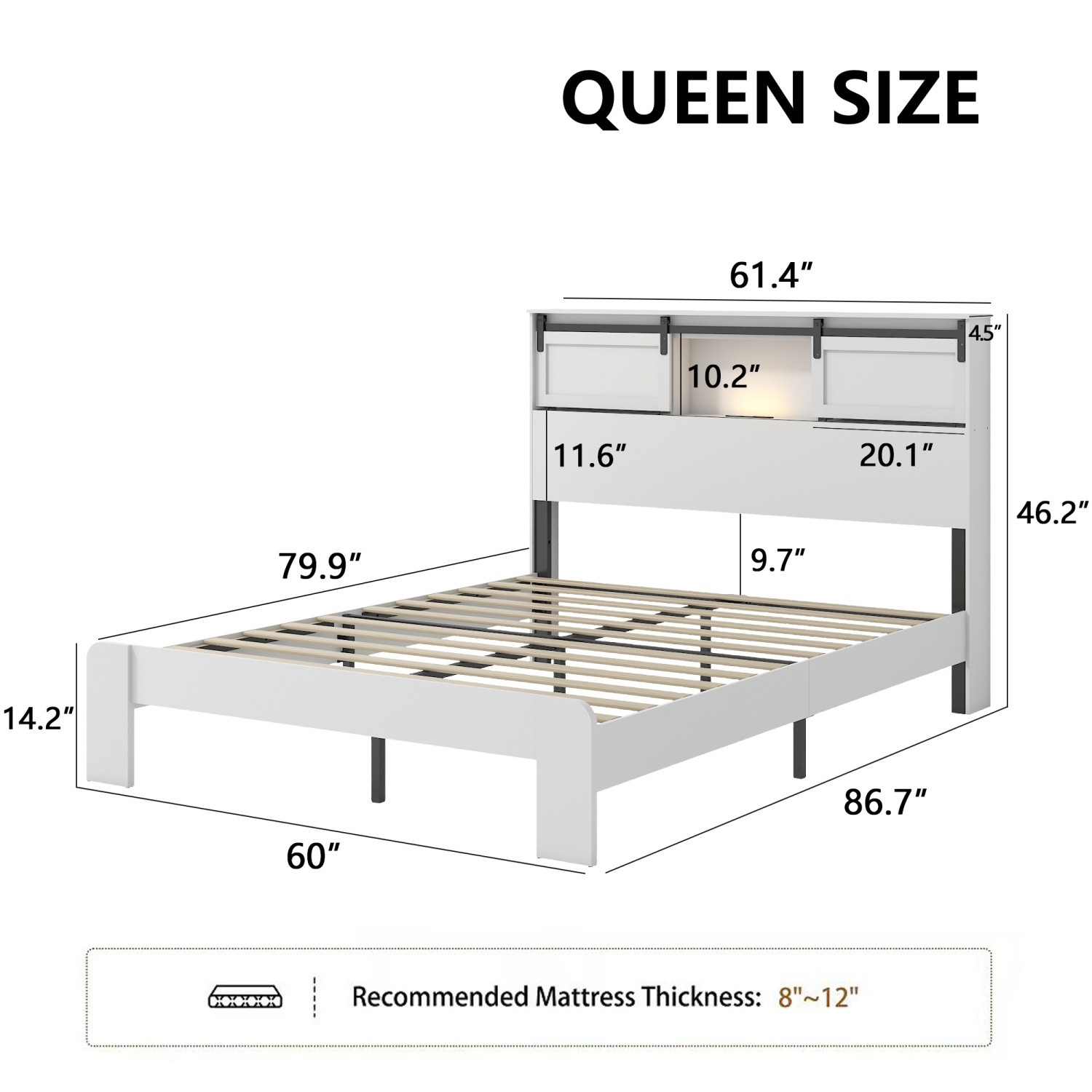 Queen King Size Platform Bed w/ Storage Headboard & LED Light & USB Ports White