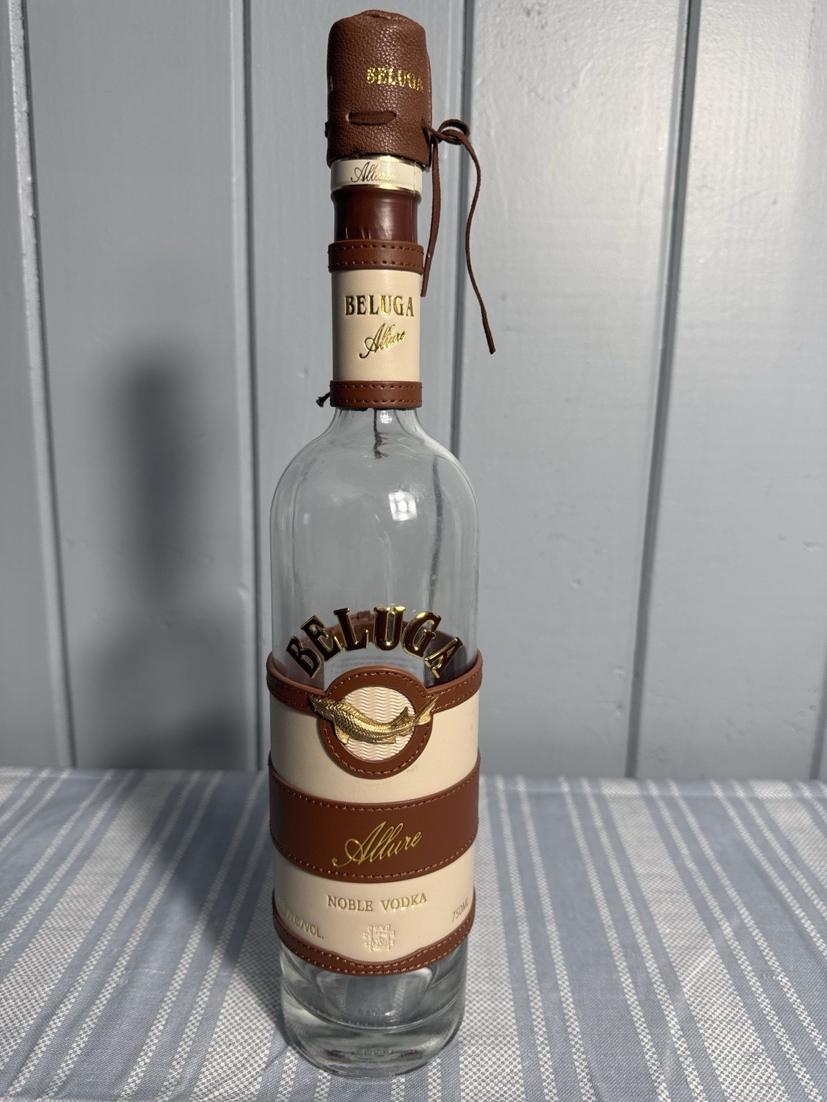 Beluga Allure Noble Vodka Empty Bottle Leather Wrap Gold Sturgeon Luxury Display