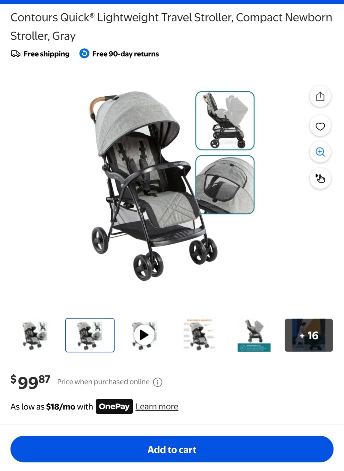 CONTOURS QUICK LIGHTWEIGHT TRAVEL STROLLER COMPACT NEWBORN STROLLER GRAY 👶