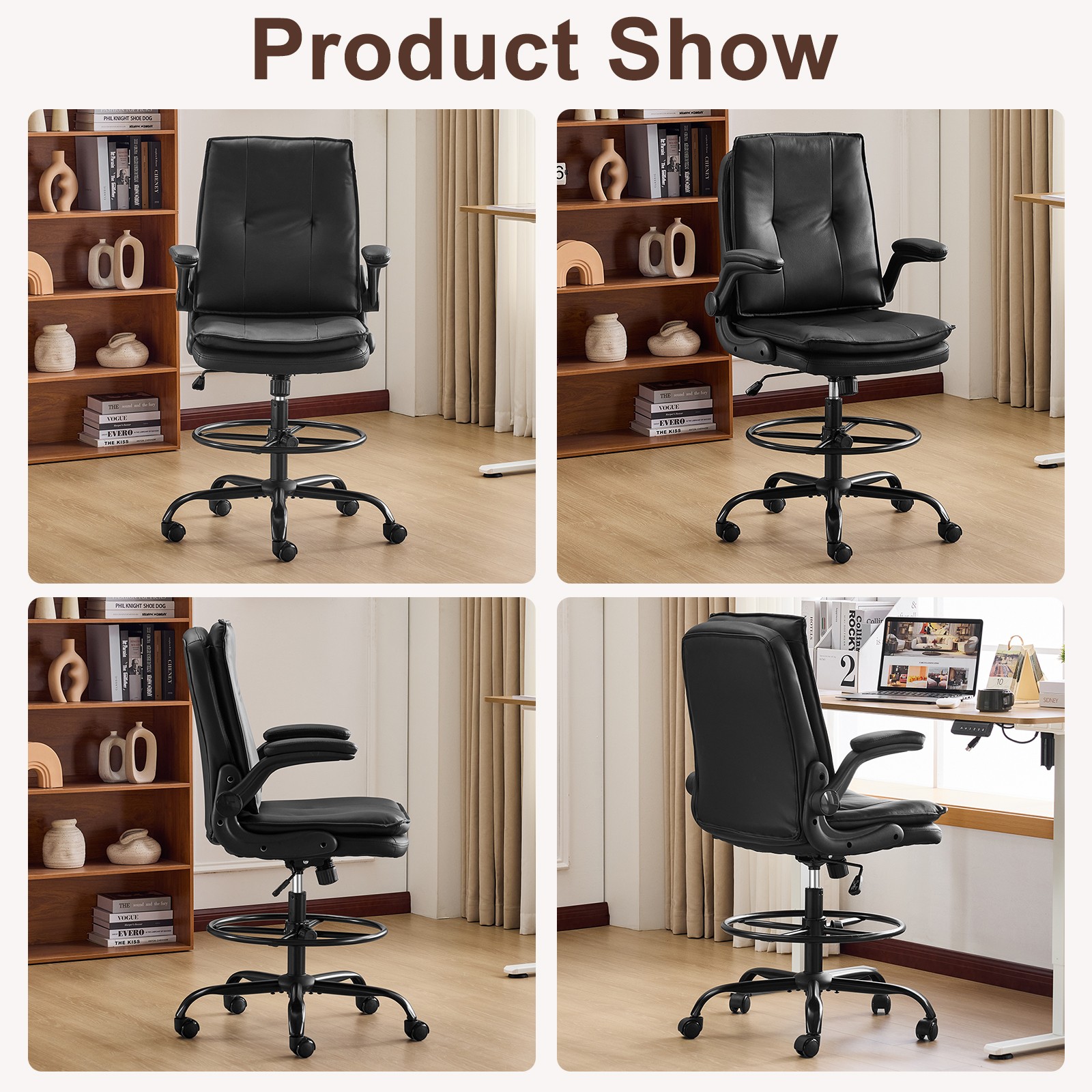 Drafting Chair Tall Office Chair with Padded Flip-up Armrests Executive Black