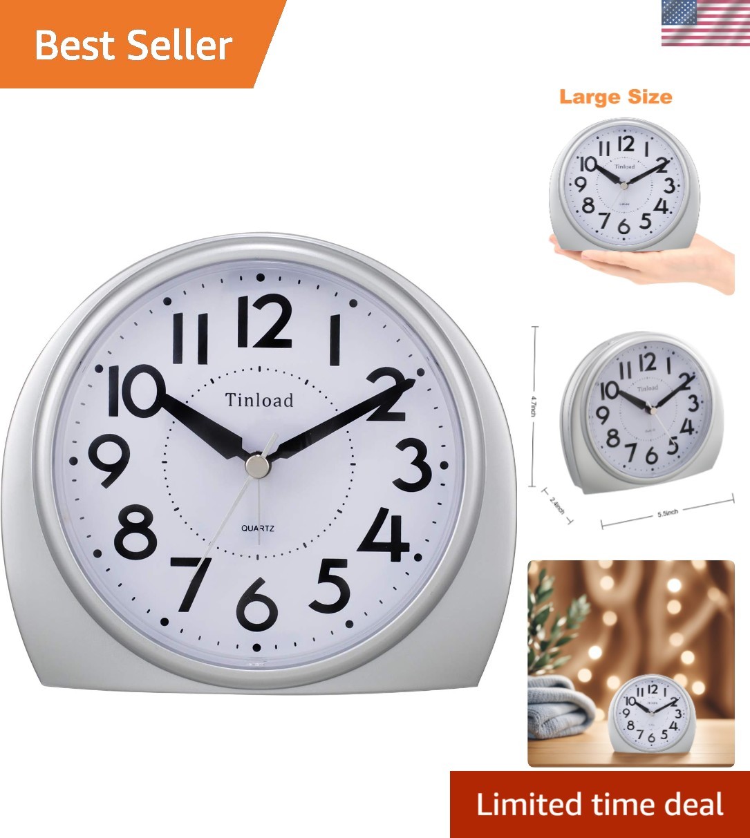 Tinload 5.5" Large Analog Alarm Clock Silent Non Ticking, Gentle Large,