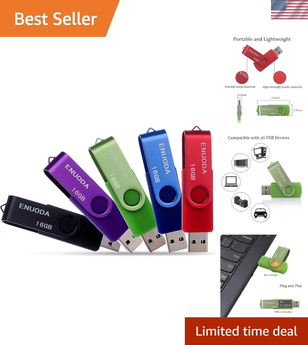 High-Speed 5-Pack 16GB Swivel USB Flash Drives - Perfect for Data Storage