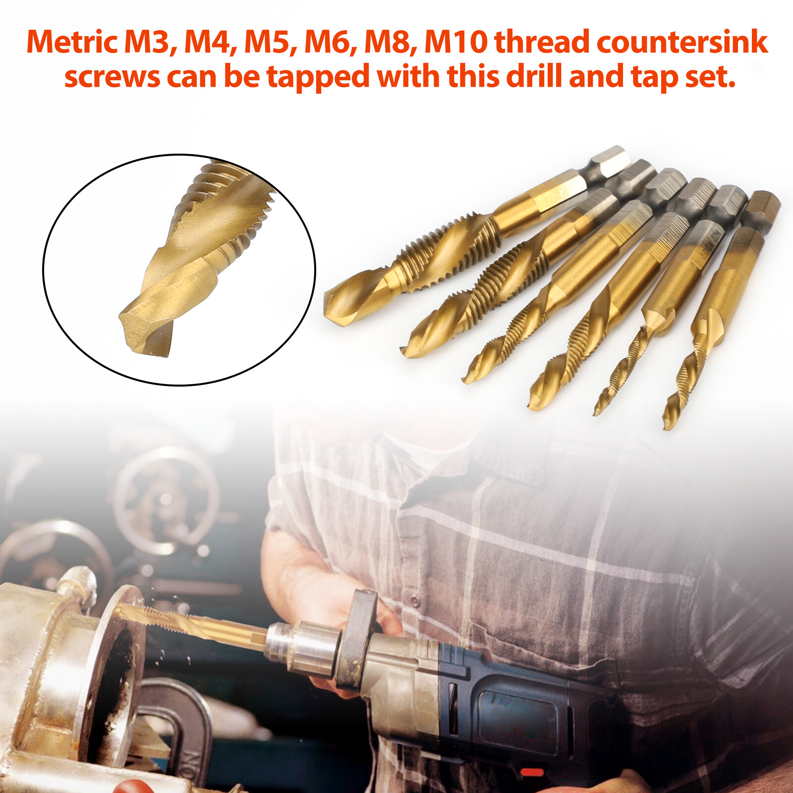 6PCS 1/4" HSS Hex Shank Titanium Plated Screw Thread Drill Bits Set M3 - M10 Tap
