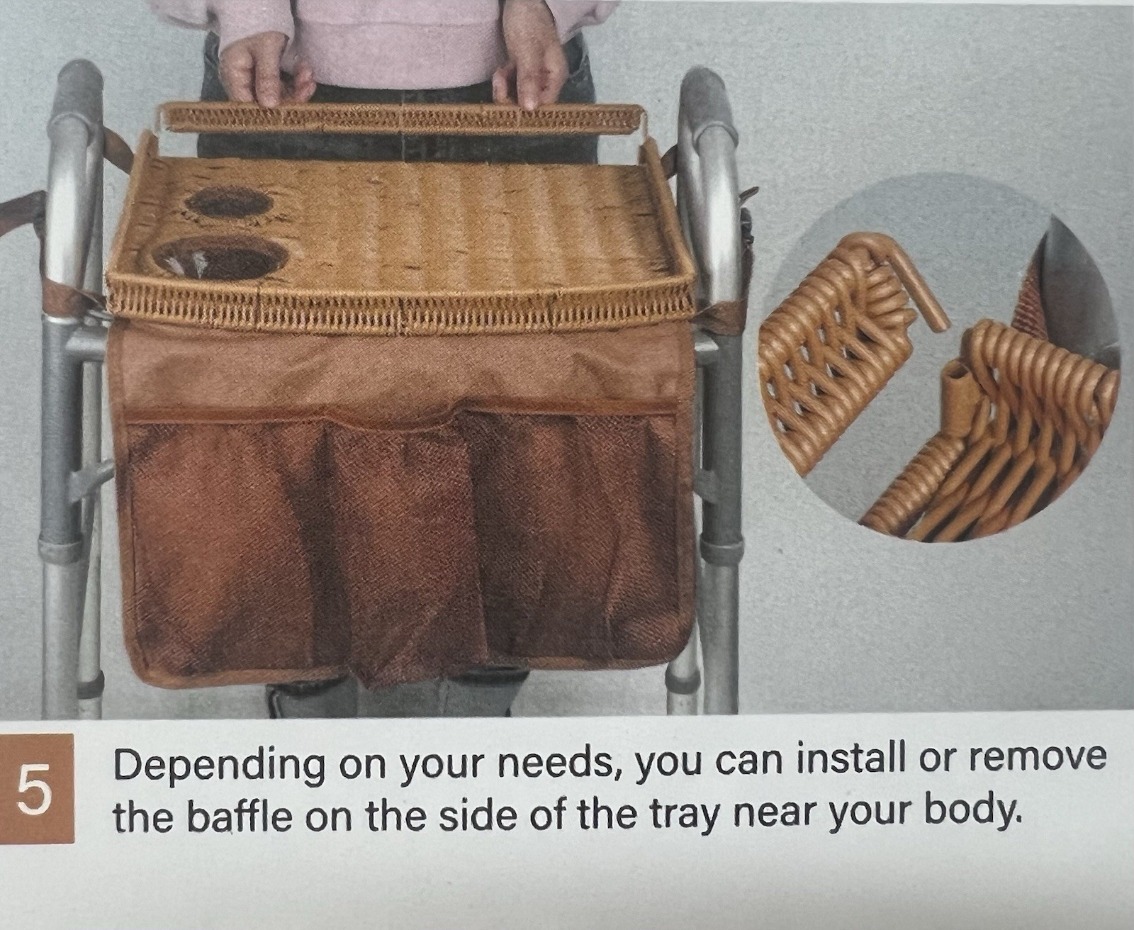 Wicker Mobility Table Tray For Folding Walker Cup Holder 3 Front Section Storage