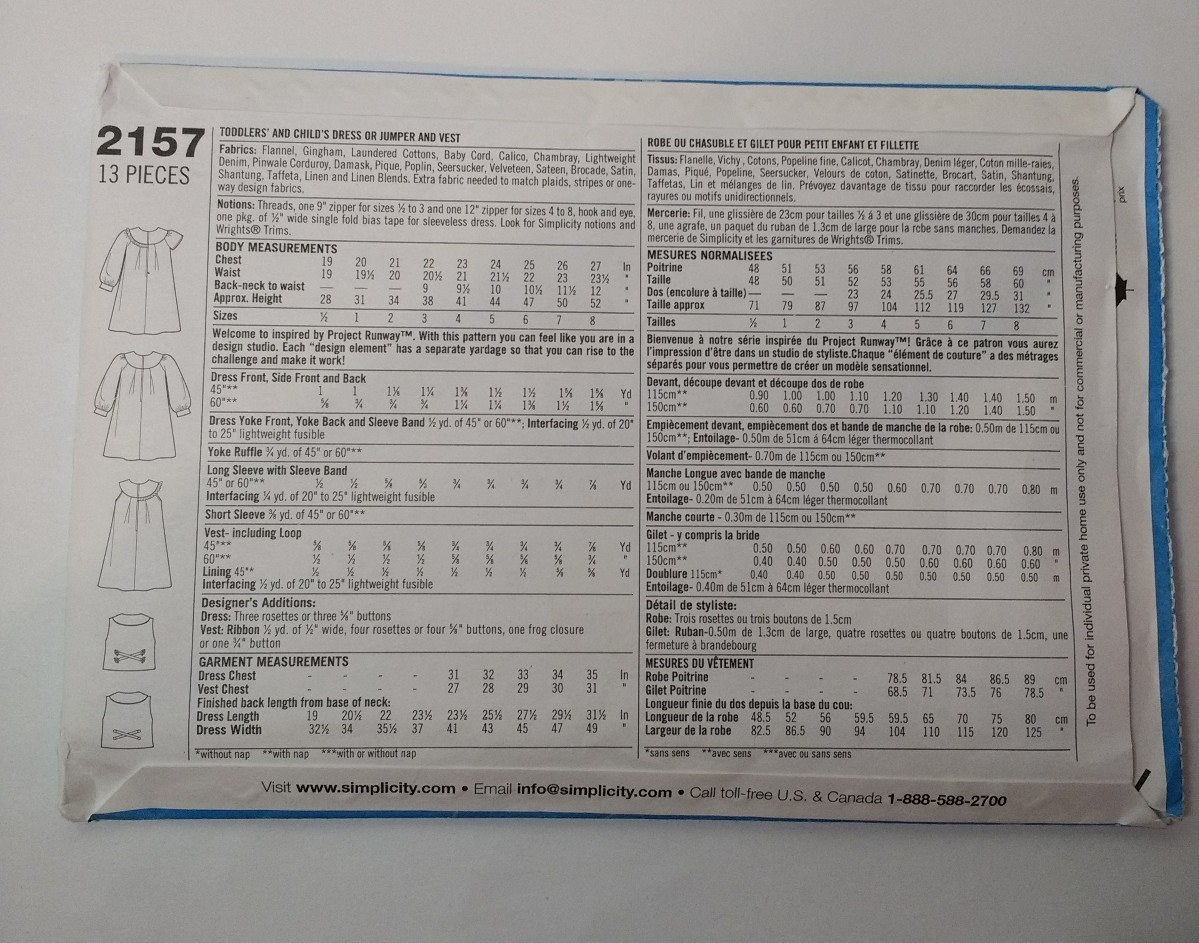 Simplicity 2157 Size 4-8 Child's Dress Jumper Vest