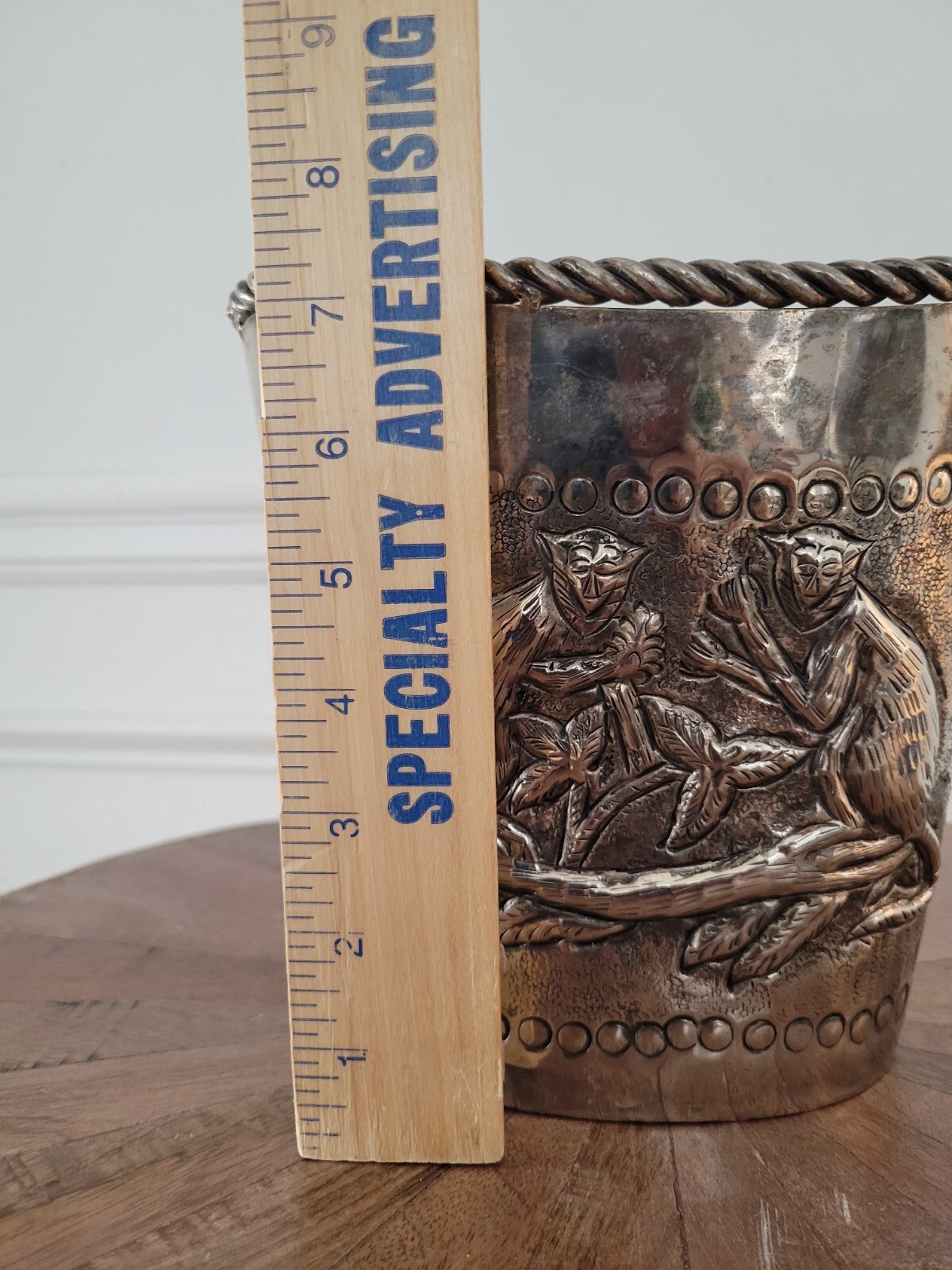 Metel Silver Tone Repousse Monkeys Planter Or Vase